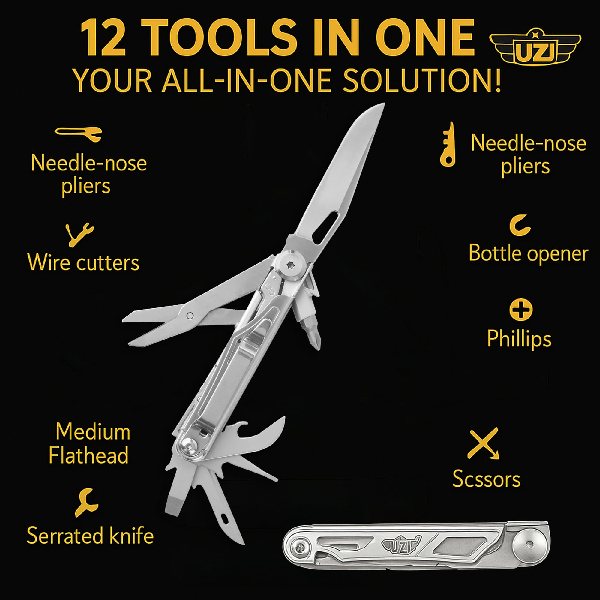 UZI Multifunctional 12-in-1 Multitool with Scissors, Glass