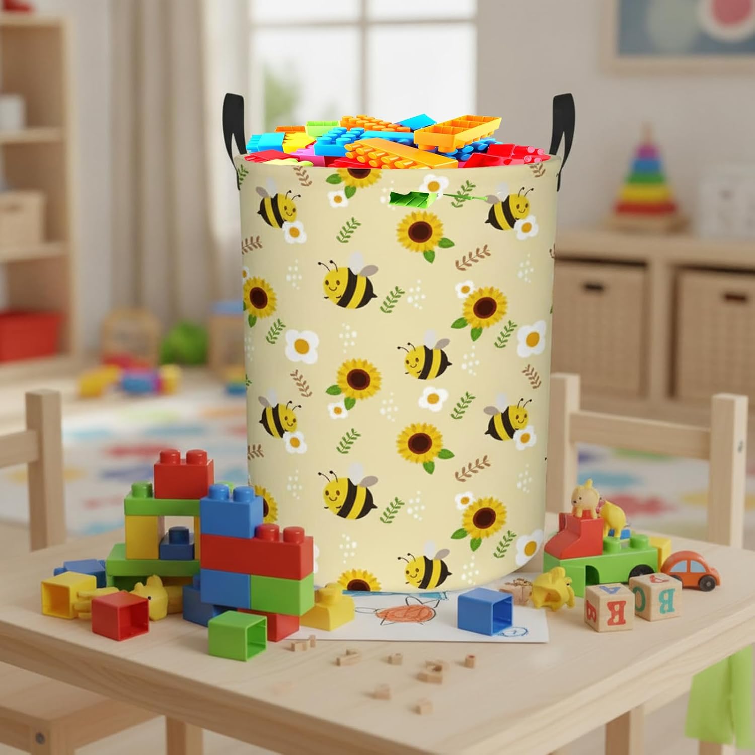 Sunflower Yellow Hamper Girls Laundry Basket | Kid Nursery Room Decor, Toy Storage, Baby Boy or Girl Gifts, A