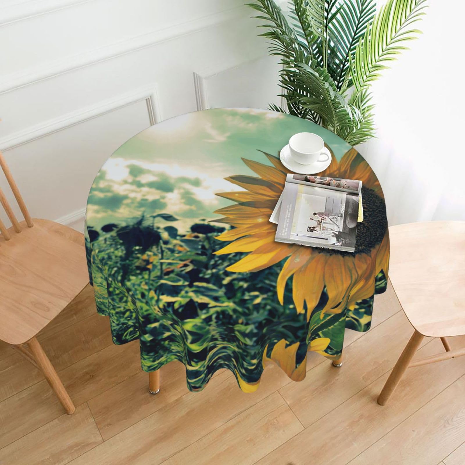 Zcmkjlg Beautiful Sunflower Print Quick Ship Round Tablecloth 60in Polyester Washable Cover for Dining Room