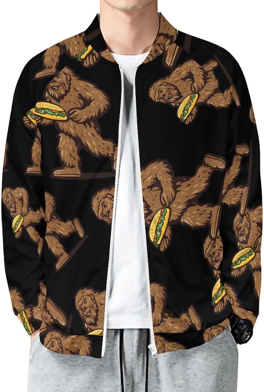 Sasquatch Bigfoot Carrying Tacoes Men's Zip Up Sweatshirt Casual Sweater Jackets Long Sleeve Tops Lightweight Coat