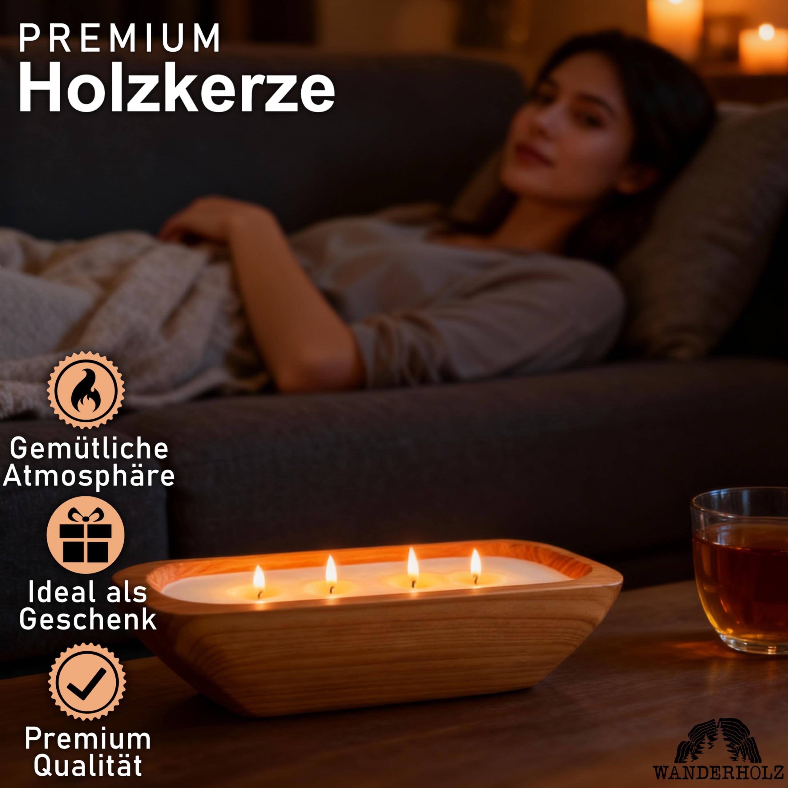 Bougie en cire de soja dans un bol en bois de cèdre - Bougie à plusieurs mèches durable avec cire de soja - Bougie à quatre mèches - Bougie de soja - Grande bougie cadeau - Grande