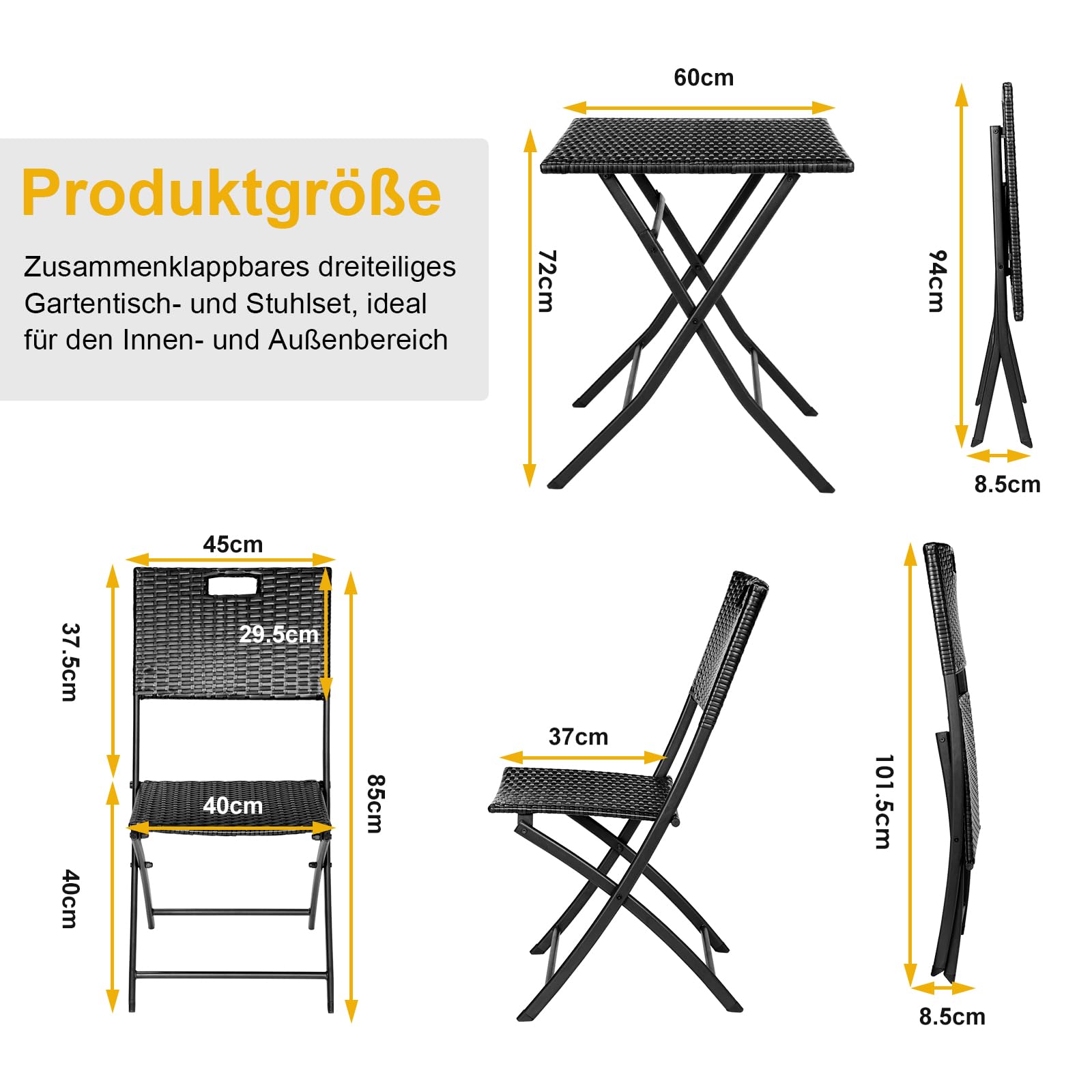 LIFERUN Set di Mobili da Balcone Pieghevole da 3 Pezzi, Mobili da Bistrot, Set Giardino in Rattan, 1 Tavolo e 2 Sedie, Sedia Pieghevole per Balcone, Giardino e Terrazza, Nero