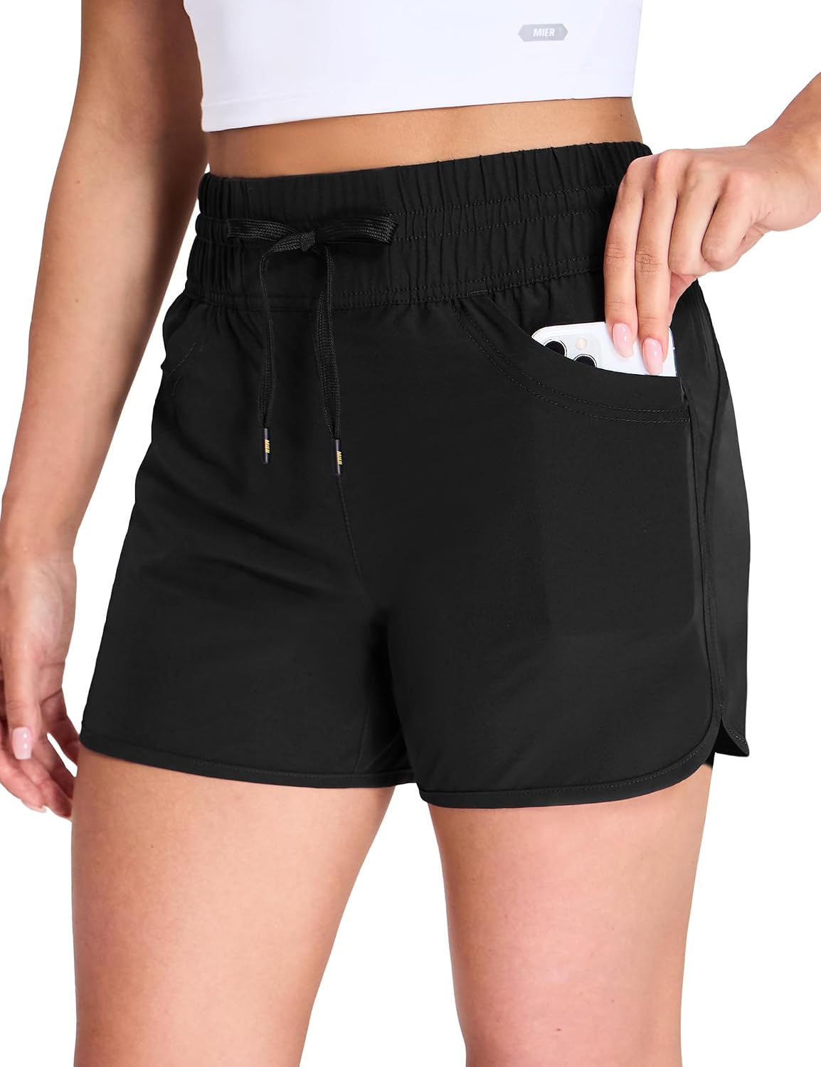 MIER Women's Running Shorts Quick Dry Athletic Workout High Waisted Active Shorts with Liner Zipper Pocket 4 Inch