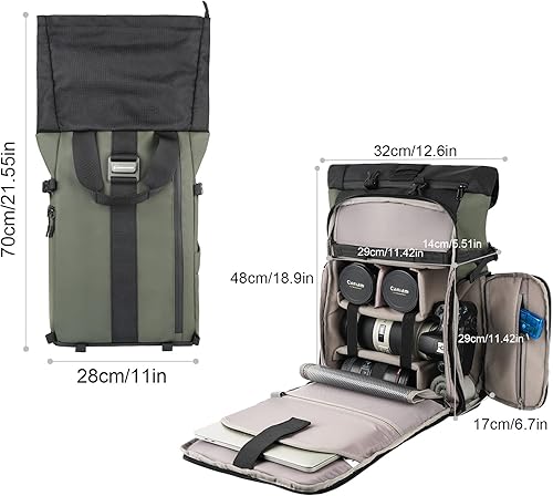 Miniatura 5 de Besnfoto Mochila para cámara impermeable, bolsa de fotografía enrollable para cámara DSLR SLR sin espejo con compartimento para portátil, Verde,