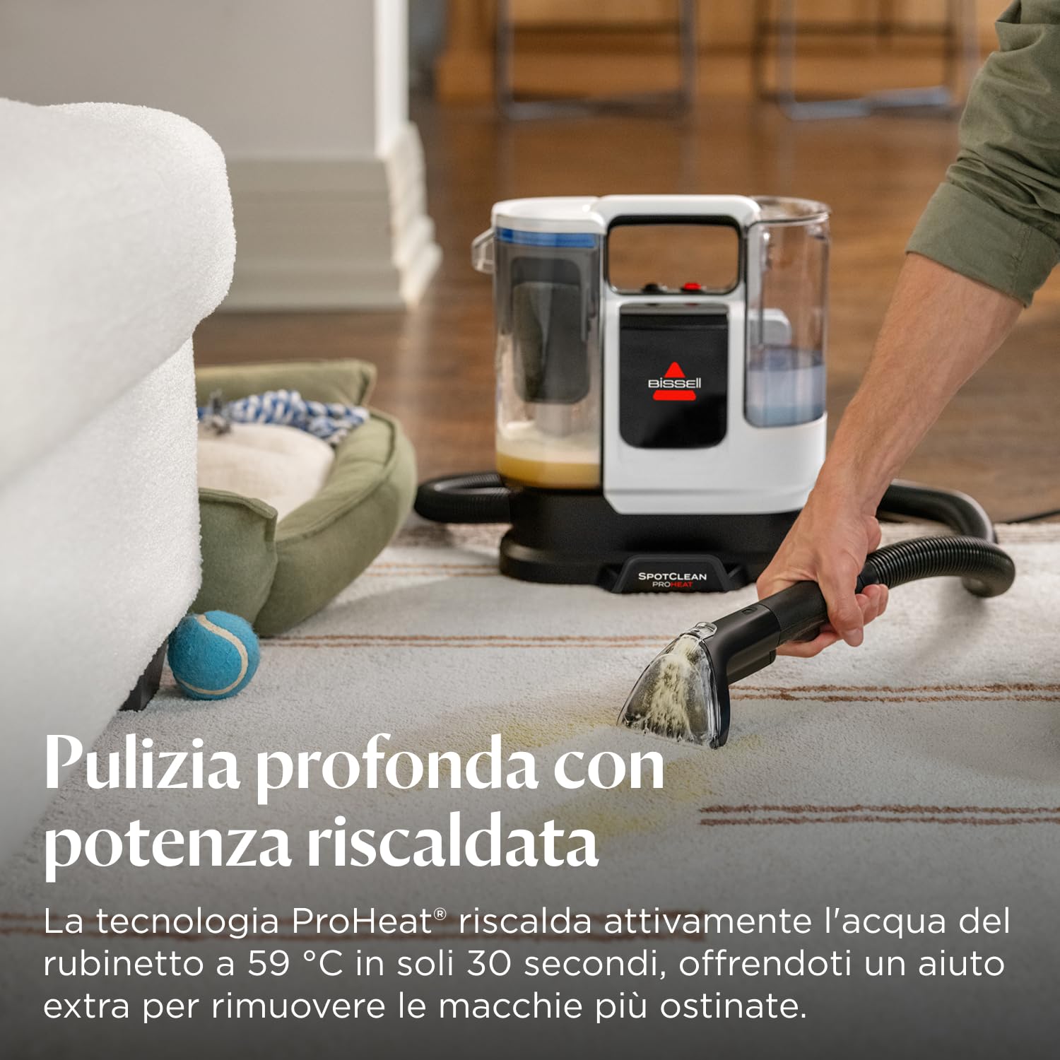 BISSELL SpotClean ProHeat Advanced, Lavatappeti, Pulitore per tappeti e tappezzeria, Lava tappezzeria, Motore 1125W, Pulizia tripla macchie ostinate, Compatto multi-superficie, Filaire, 3924N