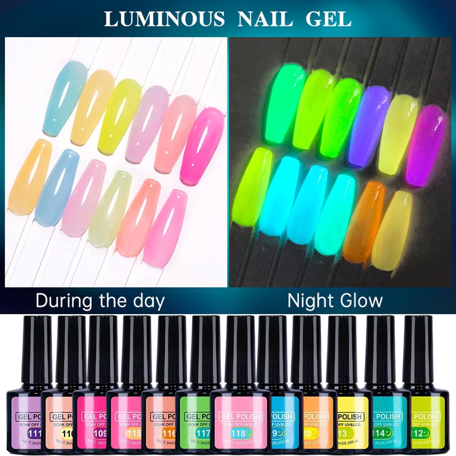Smalto gel luminoso 12 Pezzi Luminosi Durevoli Portatili | Gel Unghie con Effetto Luminoso Brillante da Donna Forniture Manicure Glow per Donne Ragazze Beauty Lovers Studenti Saloni