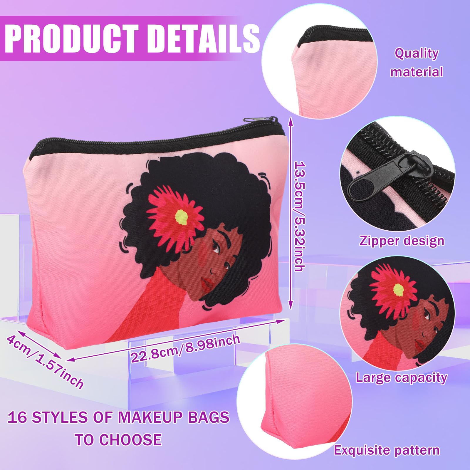 Mumufy 16 Pcs Black Women Makeup Bag African American Makeup Bag Afro Toiletry Canvas Cosmetic Bags Reusable Zipper Pouches Multi Purpose Organizer for Travel Women Inspirational Gifts