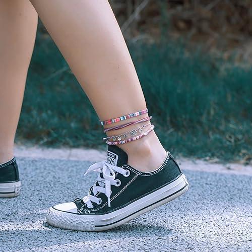 Miniatura 8 de FANCY SHINY Tobilleras impermeables con cuentas de arcilla bohemias, pulseras de tobillo de tela de acero inoxidable, juego de tobilleras para playa