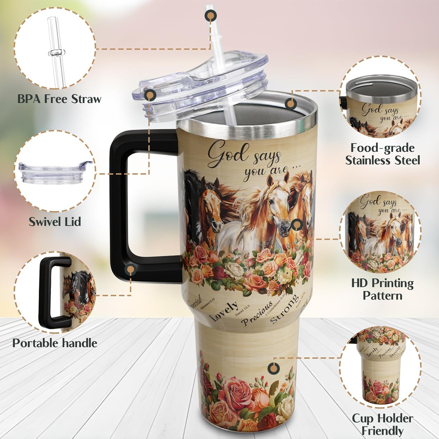 40 oz Horse Tumbler with Handle and Straw, Christian Stainless Steel Vacuum Insulated Travel Coffee Mug Cup Water Bottle, Horses Stuff Accessories Decor Gifts for Women Girls - Image 2