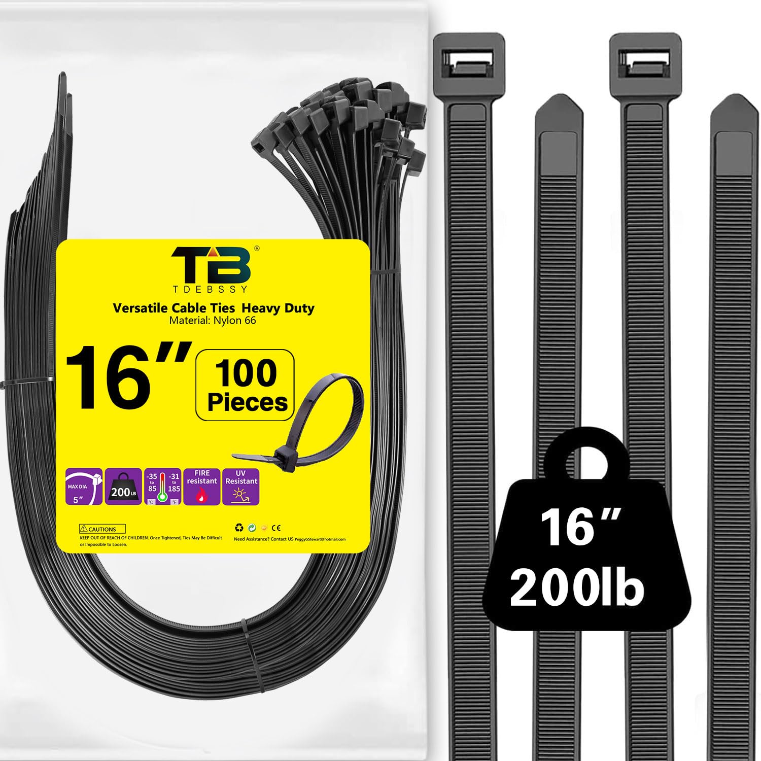 16 Inch Large Zip Ties(100 Pieces) Heavy Duty Plastic Ties 200 lbs Cable Ties Big Thick, UV Resistant Zip Tie Big Size For Outdoor