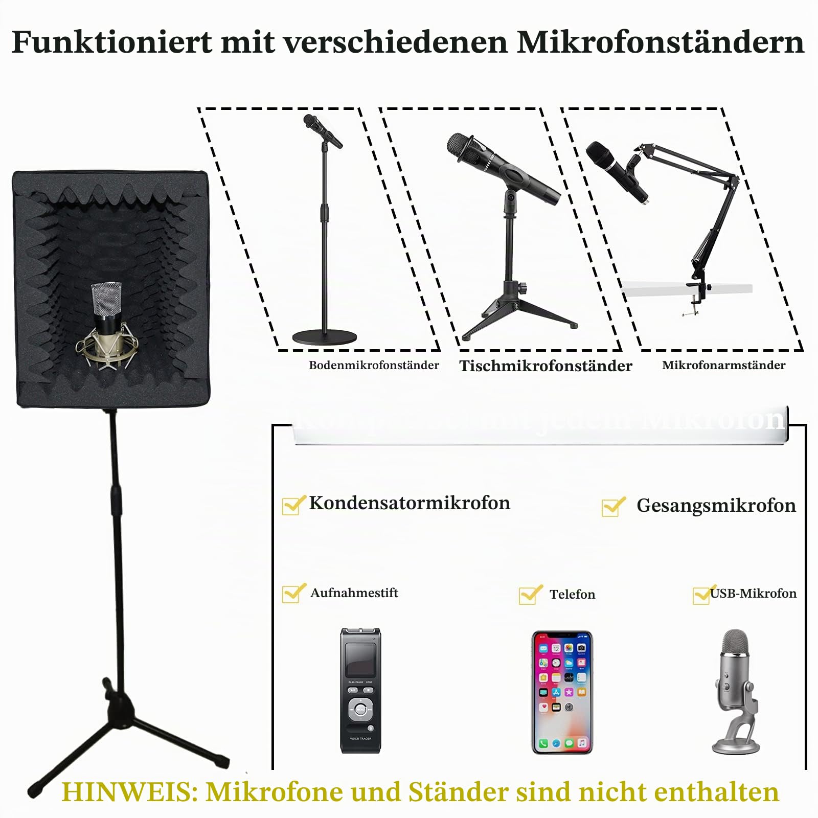 BXI Tragbare Gesangskabine, großes faltbares Mikrofon-Isolationsschild, Musikaufnahme-Studio, schallabsorbierende Box, Schreibtisch und Ständer, Reflexionsfilter mit verdicktem, dichtem Akustikschaum