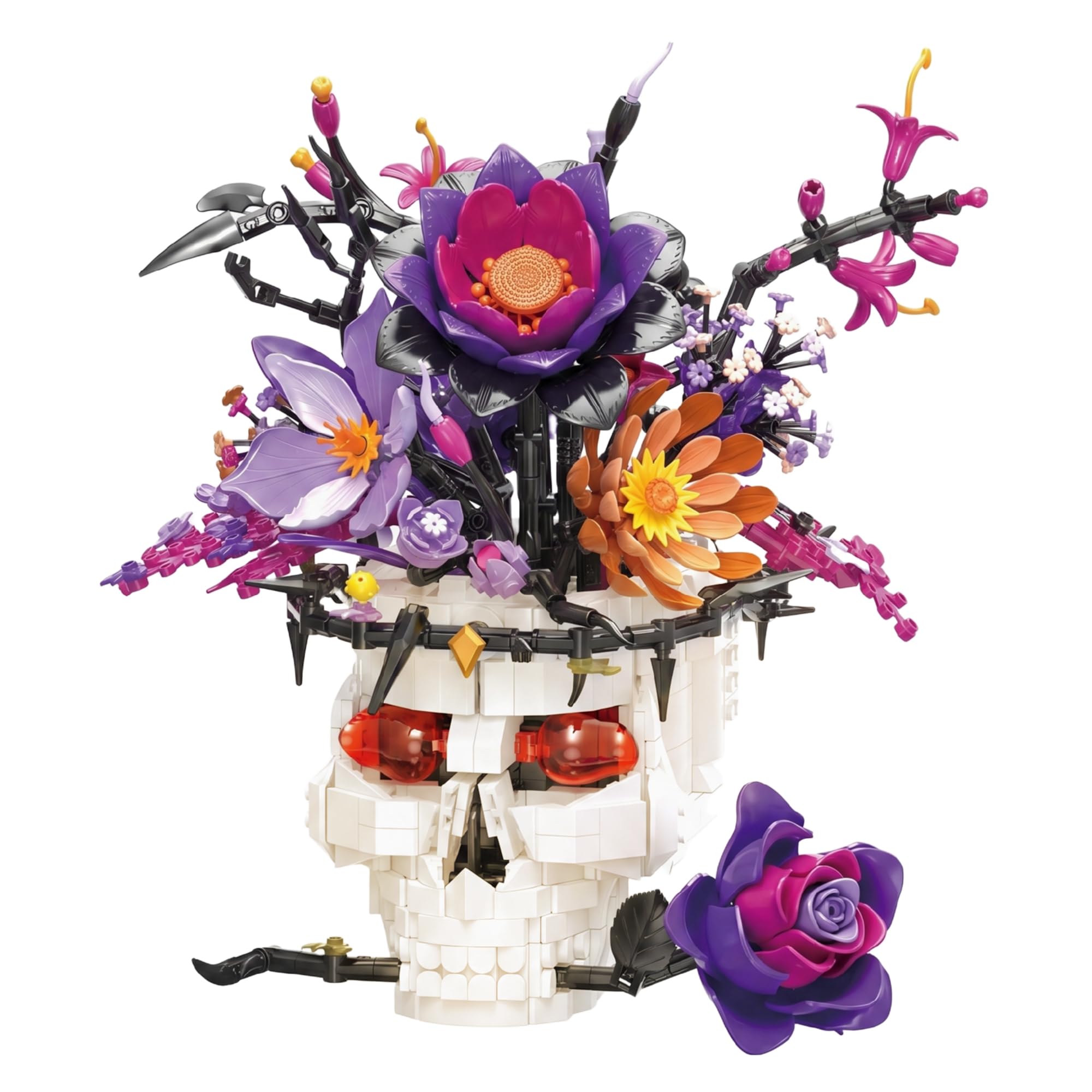 Goldlife Gothic Klemmbausteine Blumen mit Totenkopf-Vase, Blumenstrauß Bausteine für Erwachsene Frauen, Valentinstag Halloween Geburtstag Totenkopf Geschenke, Gothic Deko (Rose)