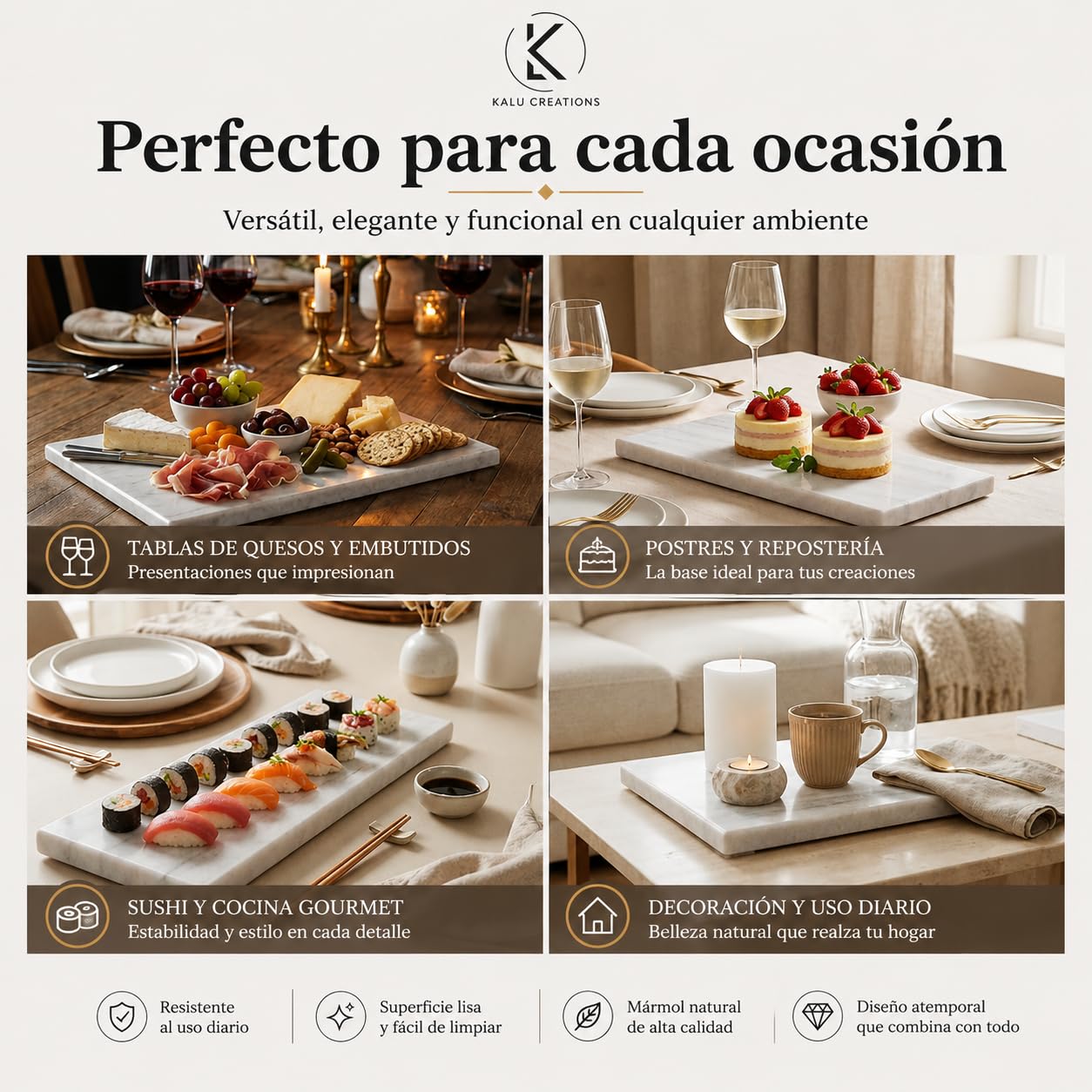 Tabla de cortar de mármol 40 × 30 cm – Piedra natural para cocina – Ideal para quesos, embutidos, sushi y aperitivos – Hecha a mano en Italia – Kalu Creations