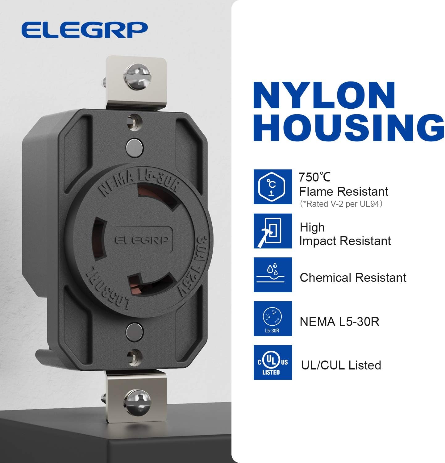 ELEGRP NEMA L5-30R Locking Receptacle, Generator Twist Lock Turnlok Outlet, 30 Amp 125V 2 Pole 3 Wire Grounding, Industrial Grade Heavy Duty, UL Listed (1 Pack, Black)