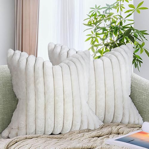 Miniatura 8 de AmHoo Paquete de 2 fundas de almohada decorativas de piel sintética de conejo, acogedoras fundas de terciopelo súper suaves y mullidas a rayas, para