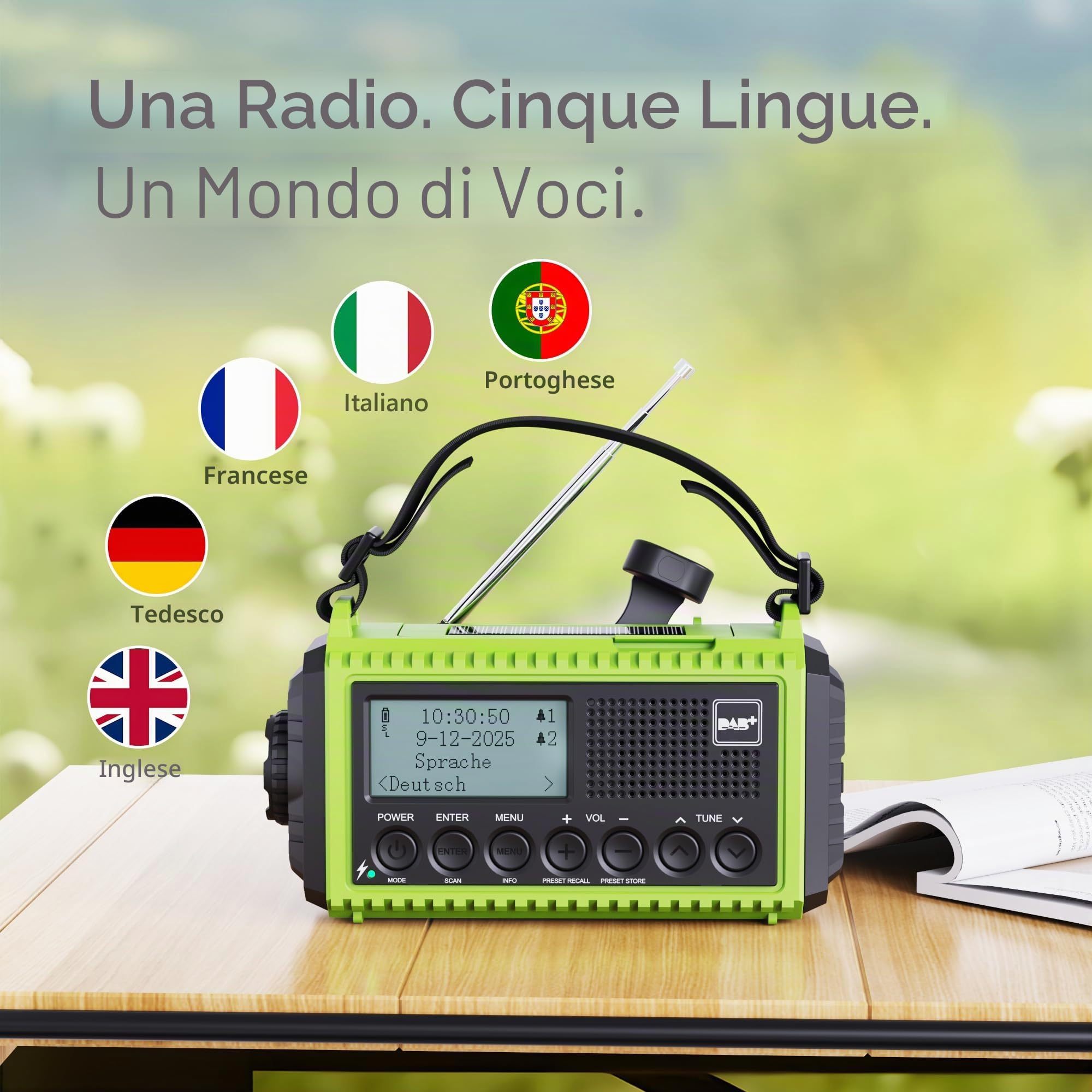 DAB/DAB+/FM radio portatile, Solare Radio a Manovella, Batteria Ricaricabile 5000 mAh, Torcia a LED e Luce di Lettura, Allarme SOS, Impermeabile IPX4, per Escursioni, Campeggio, Emergenza