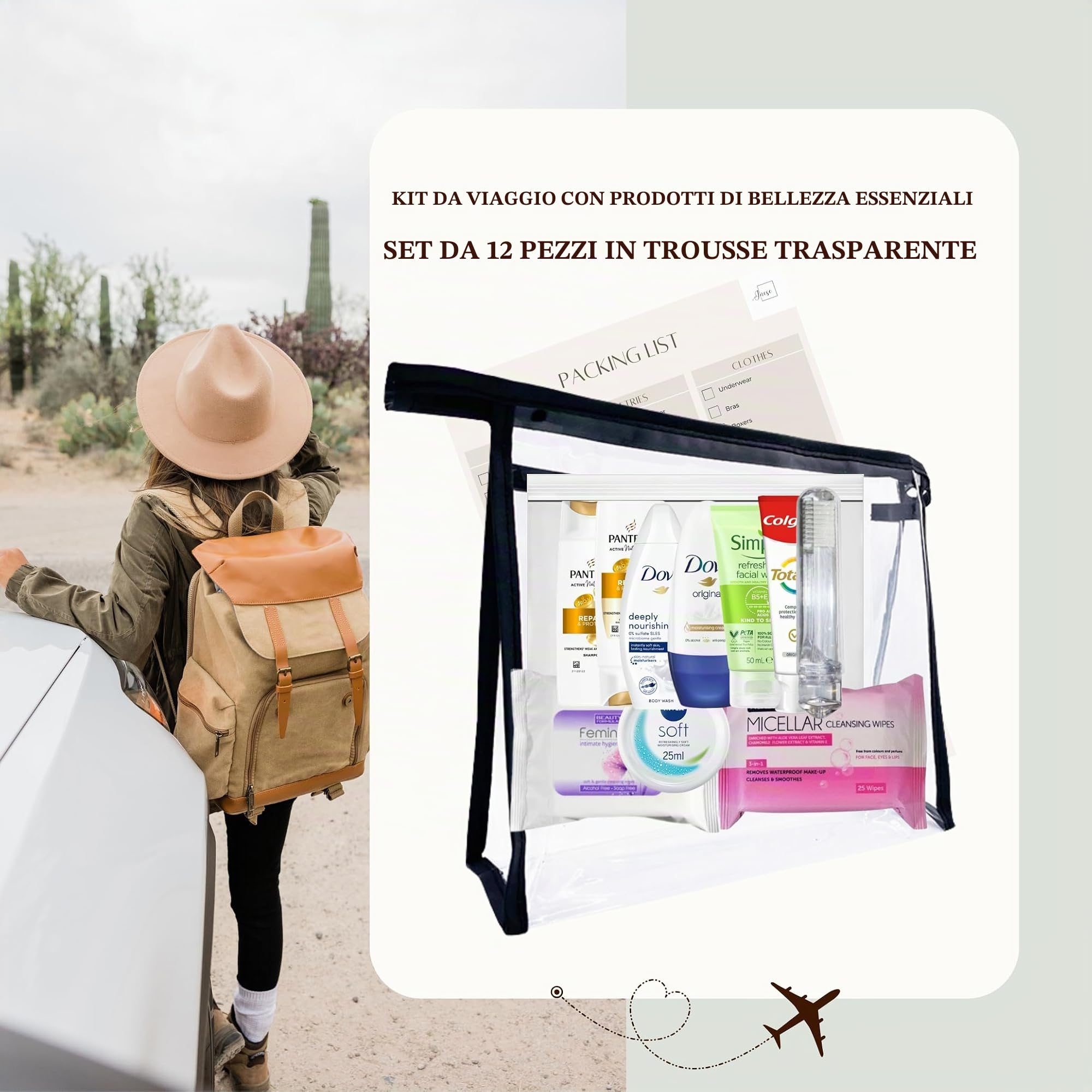 Set di articoli da toeletta da viaggio per donna, da viaggio, per viaggi, ospedale, durante il soggiorno notturno, Trasparente, Borsa da toilette da viaggio