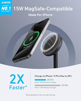 Anker MagGo iPhone 17 MagSafe Charger Compatible Stand, 15W Fast Magnetic Wireless Charging Station, Qi2 Certified 360 Wireless Charger, Magnetic Stand for iPhone 17/16/15/14/13 Series (No Adapter)