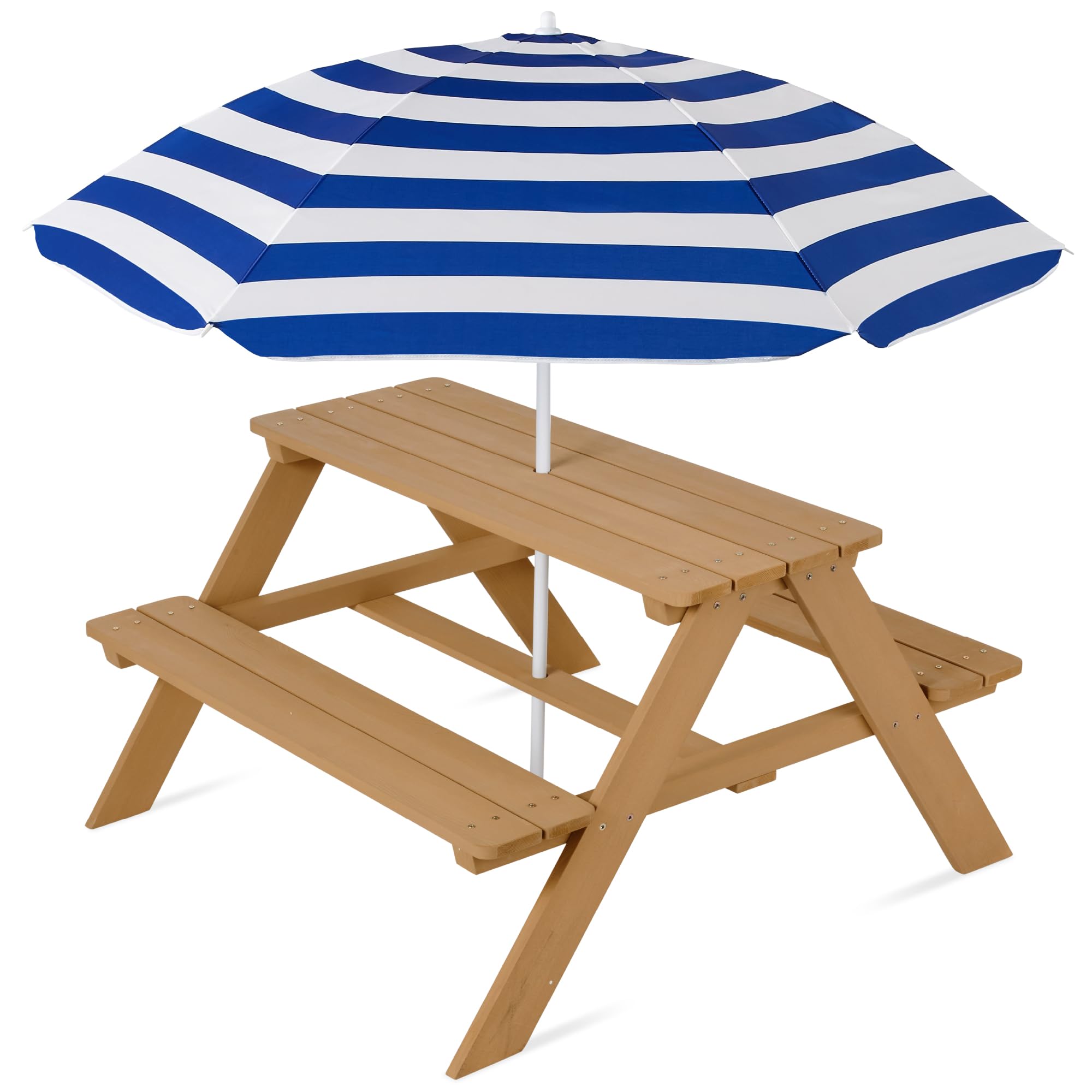 Best Choice Products Kids Wooden Picnic Table, Outdoor Activity & Dining Table w/Adjustable Collapsible Umbrella, Built-in Seats - Natural/Navy