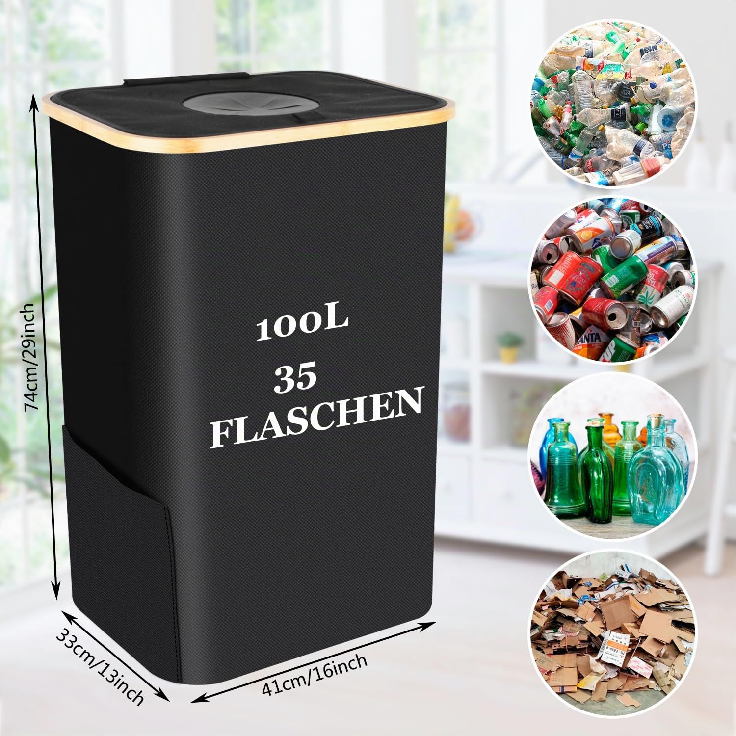 Cubo de basura cocina 100L, con tapa y Bolsa de mano, cubo basura reciclaje de depósito con agujero, muy adecuado para el cubo de basura cocina reciclaje, coleccionista de botellas (negro)