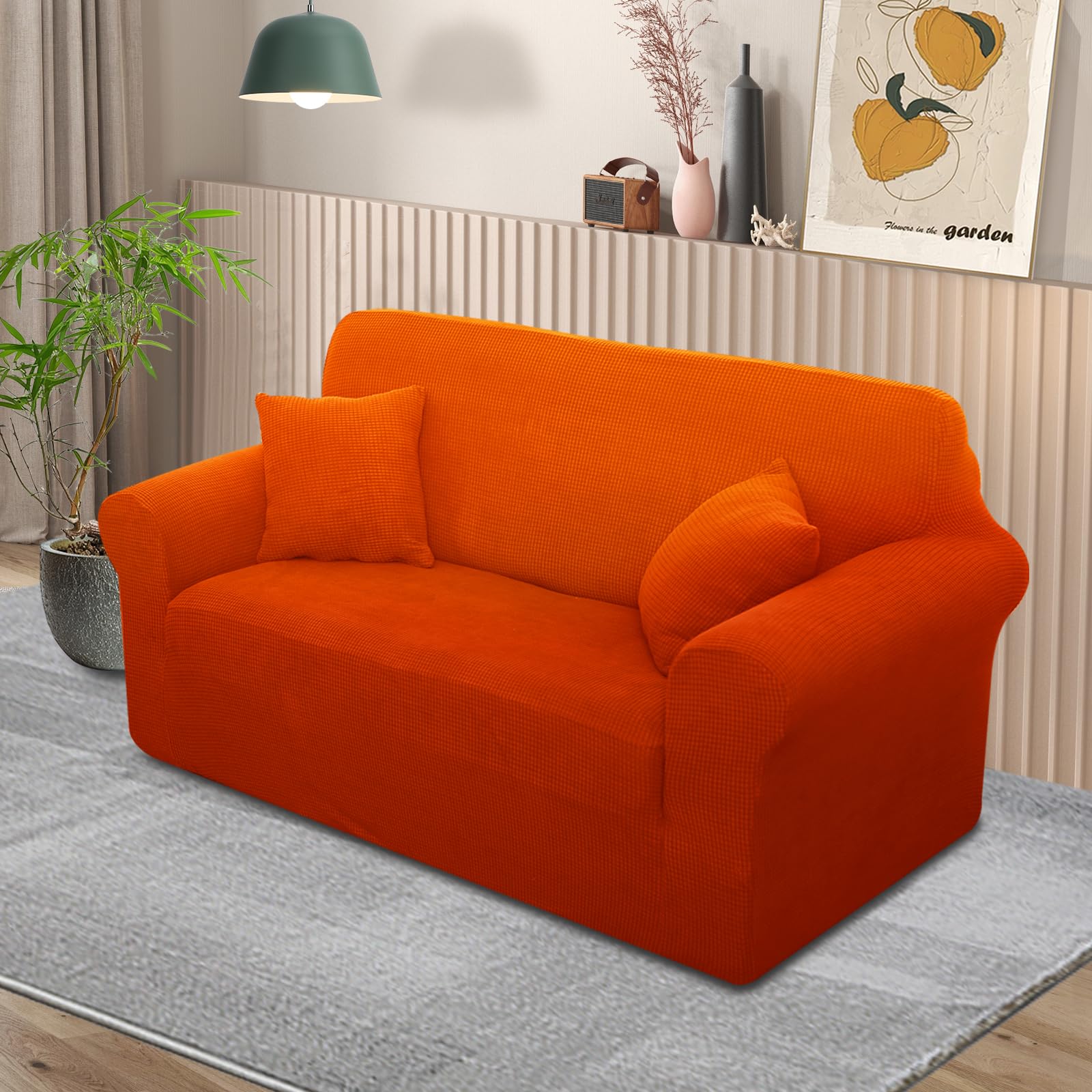 Luxshare Home Stretch Couch Cover Washable Sofa Slipcover Furniture Protector with Non Skid Foam and Elastic Bottom for Kids, Dog(Loveseat/Orange)