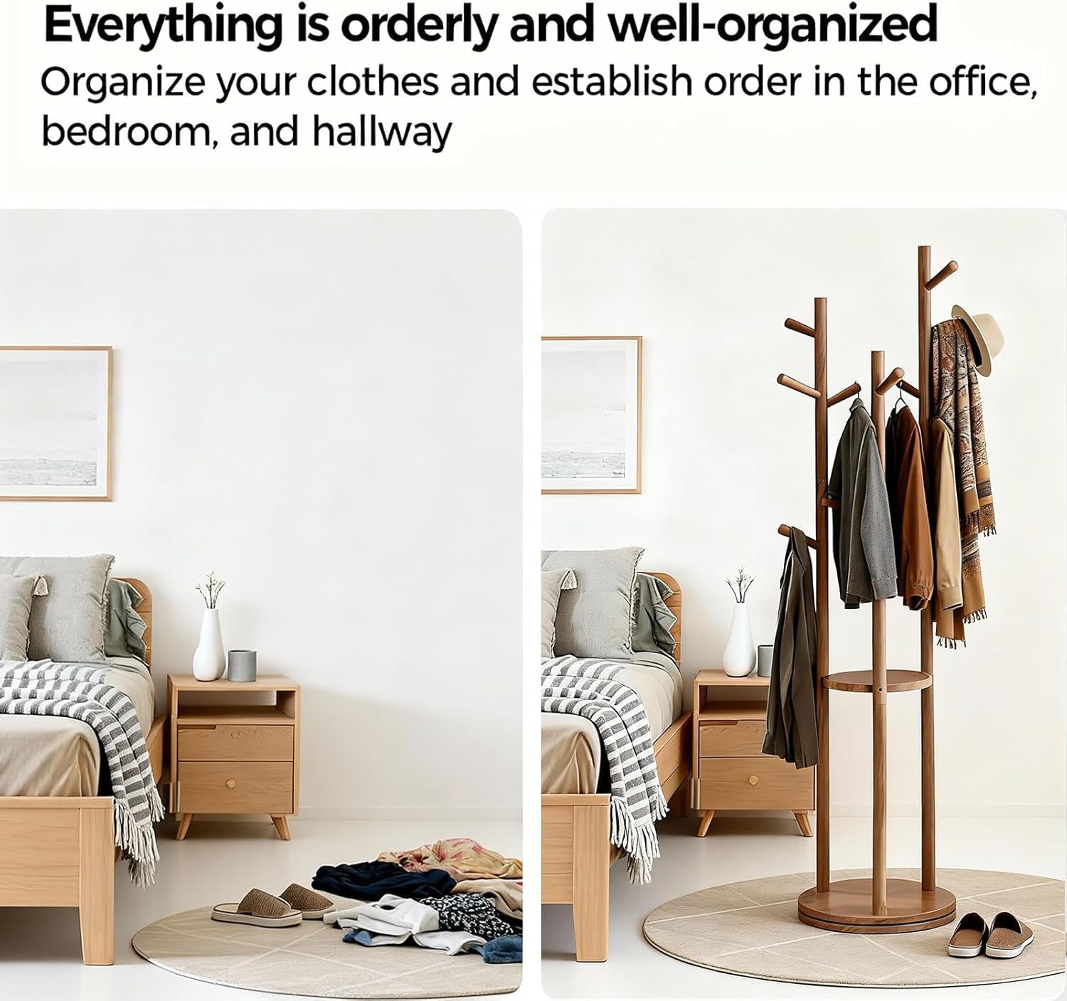 Wood Rotary Coat Rack with 3 Shelves and 9 Hooks, Freestanding Coat Rack,Coat Hanger Stand for Bedroom, Entryway, Livingroom,