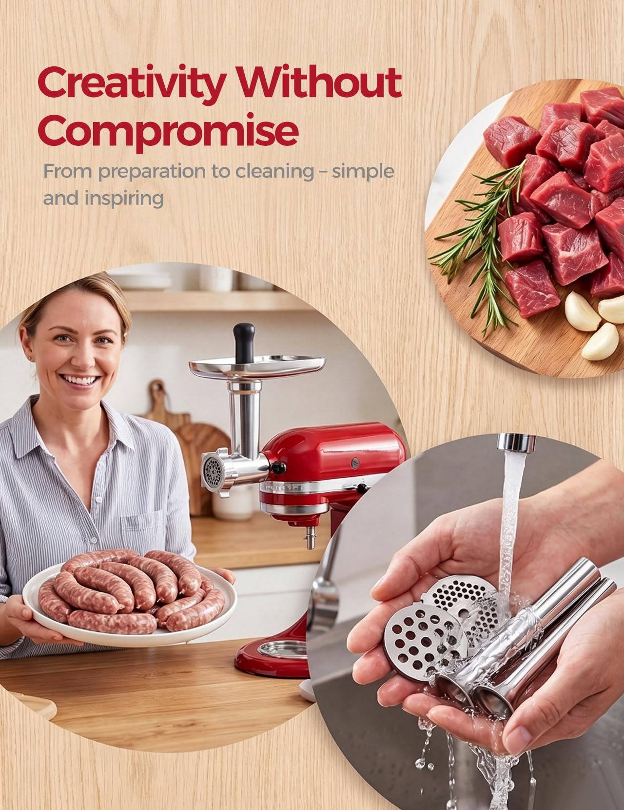 Nasadka do Mielenia Mięsa do KitchenAid Robota Kuchennego | Nasadka do Mielenia Mięsa ze Stali Nierdzewnej Zawiera Nadziewarkę do Kiełbas, Szczotkę do Czyszczenia