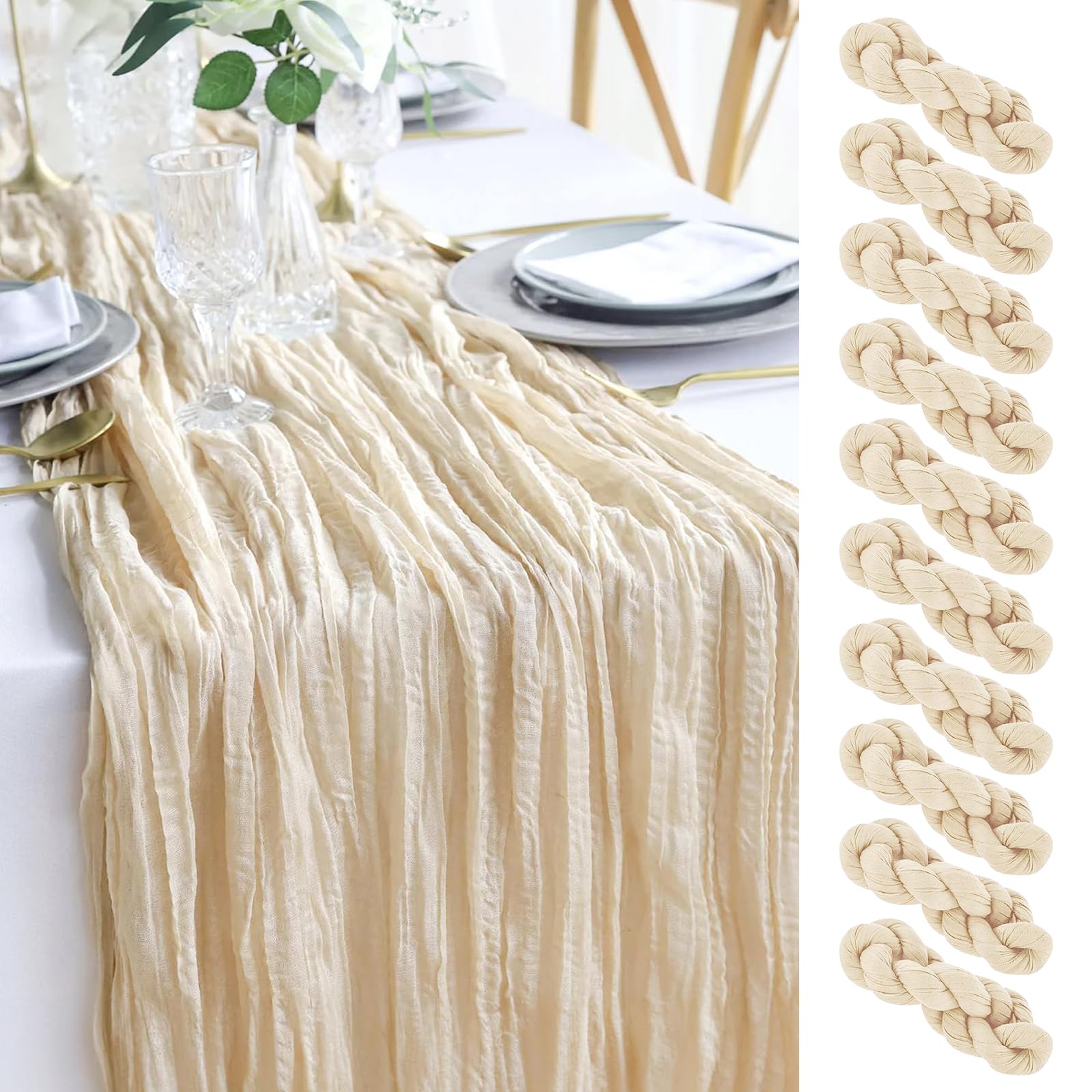 Lot de 10 chemins de table en toile de fromage, beige, 90 x 300 cm