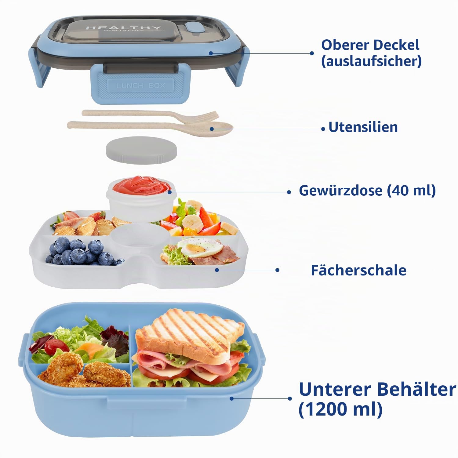 OWill Lunchbox,brotdose mit fächern 1200ml,lunchbox erwachsene mit griff,bento box mit soßentopf und Besteckset,lunchbox kinder,jausenbox erwachsene kinder,mikrowellen und spülmaschinenfest,Blau
