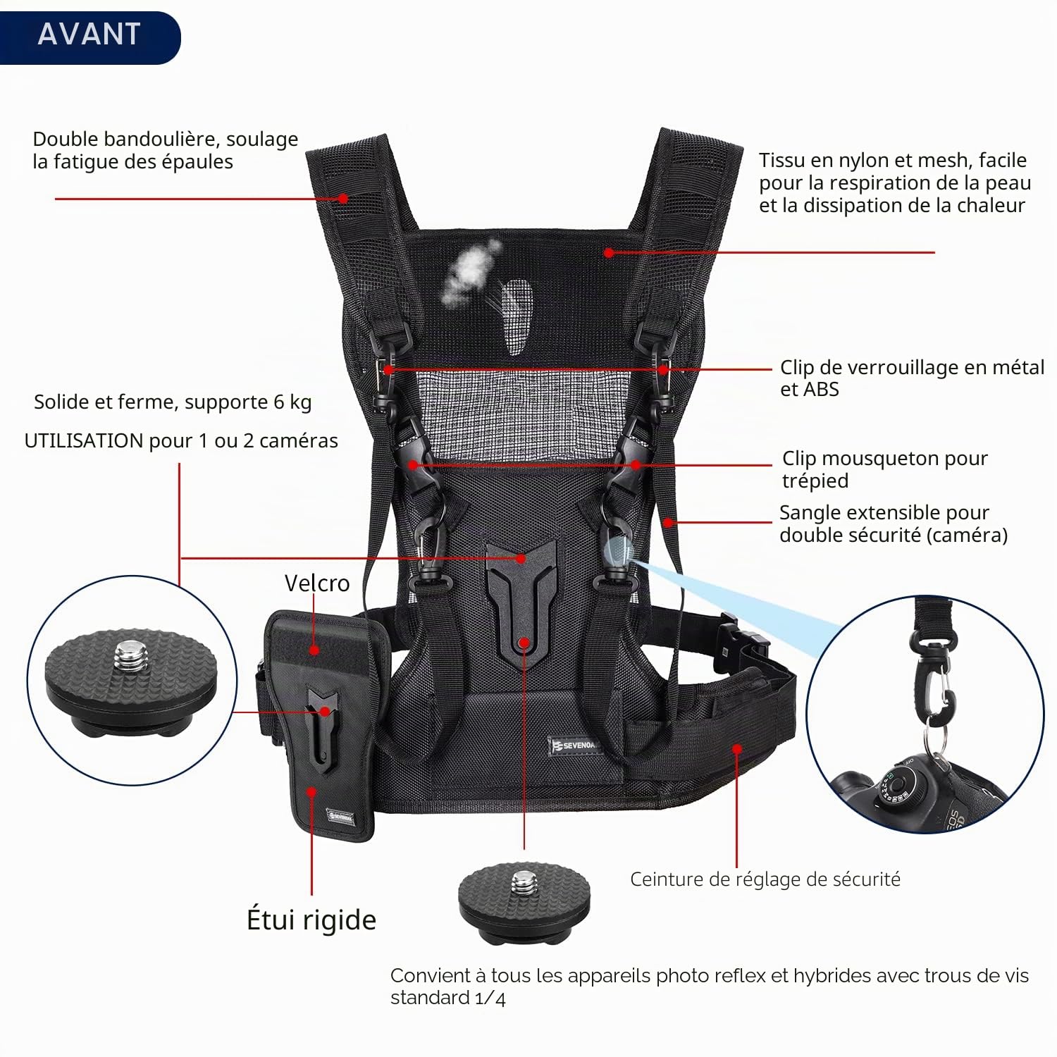 Sevenoak Faisceau à double caméra, SK-MSP01 Système de gilet à la poitrine multiportant avec étui latéral pour Canon 6D 600D Nikon D90 Sony A7S A7R Panasonic Olympus DSLR Cameras de mariage de mariage