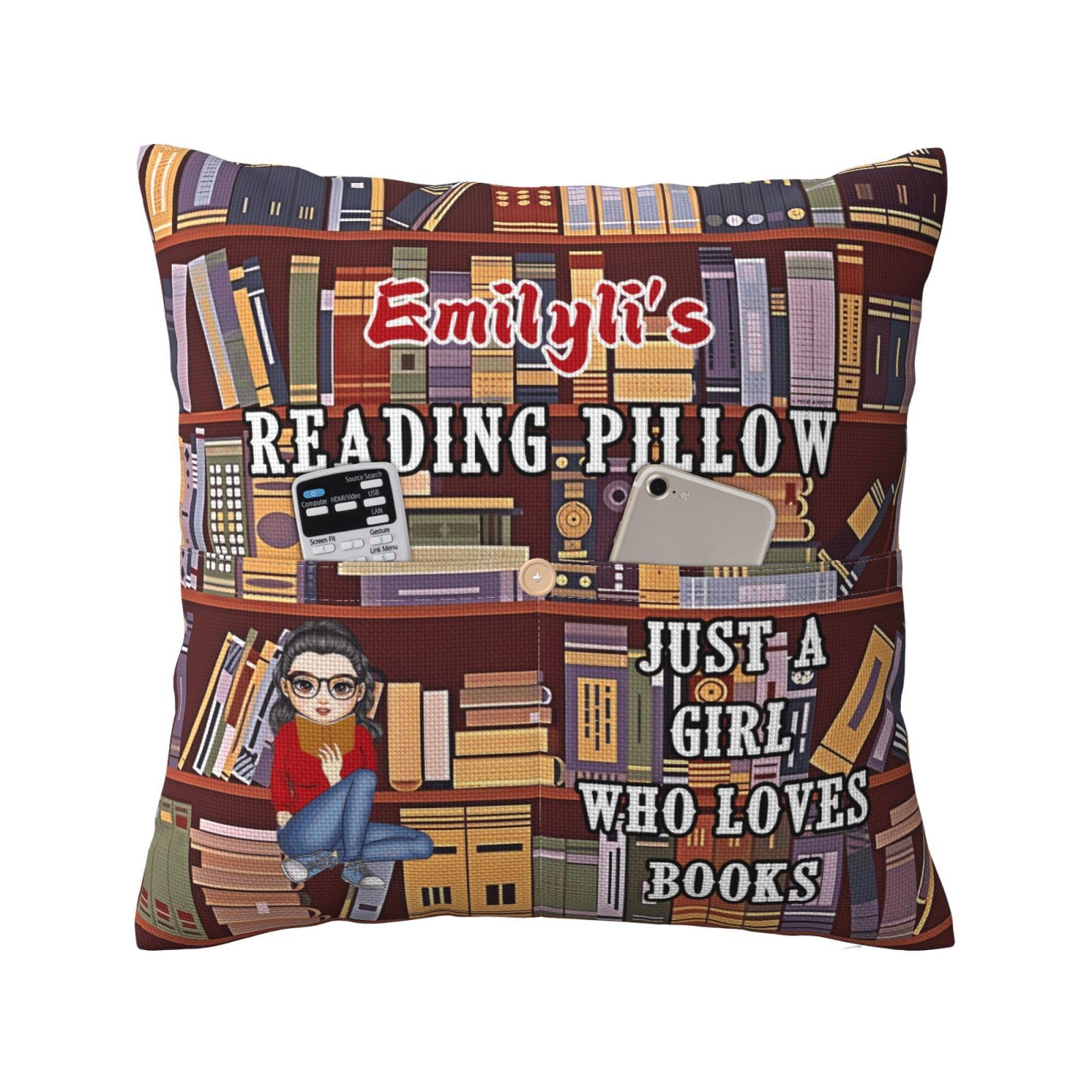 Personalized Book Reading Pocket Pillow Cover, Just A Girl Who Loves Books, Custom Name Reading Pillowcase for Bed Sofa Couch, Books Lover Gifts for Bookworm Bookish Readers Librarian (Style 14)