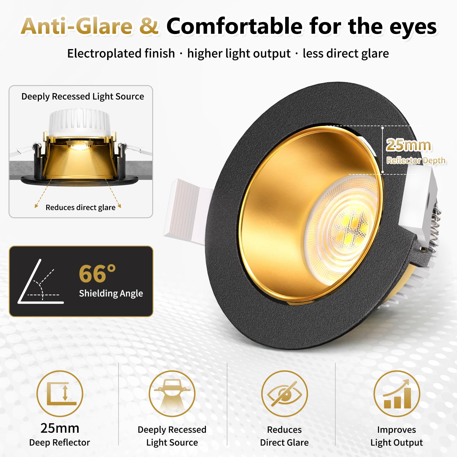 YindaLux 6X Faretti LED da Incasso 230V Dimmerabili, 5W 550LM 3000K/4000K/6500K, Faretti da Soffitto Orientabili IP44, Riflettore Profondo, Modulo LED Rimovibile, 38°/120°, Foro Ø75-80mm, Nero Oro
