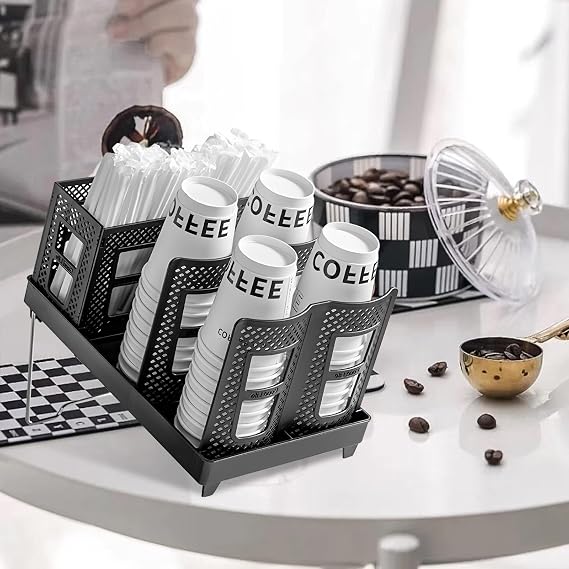 Foldable Organizer Cup holder - Stacking Cup Storage Holde with Straw Storage Box, Adjustable Coffee Cup Holder Organizer, Paper Cup Storage Rack for Weddings, Bars, and Parties (Black)