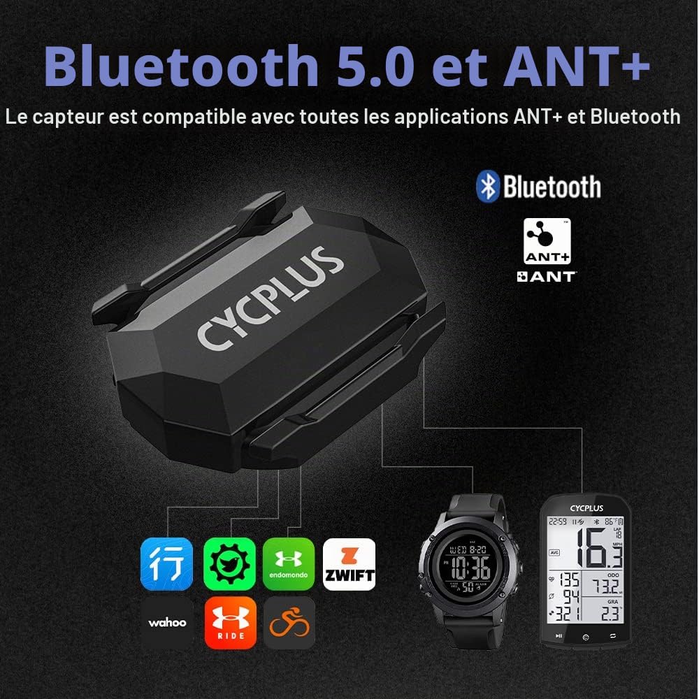 CYCPLUS Capteur Vélo Vitesse & Cadence Bluetooth Ant+ IP67 | Double protocole Bluetooth/ANT+, mode vitesse/cadence commutable, 9,2g ultra léger, batterie 300h, installation sans outil