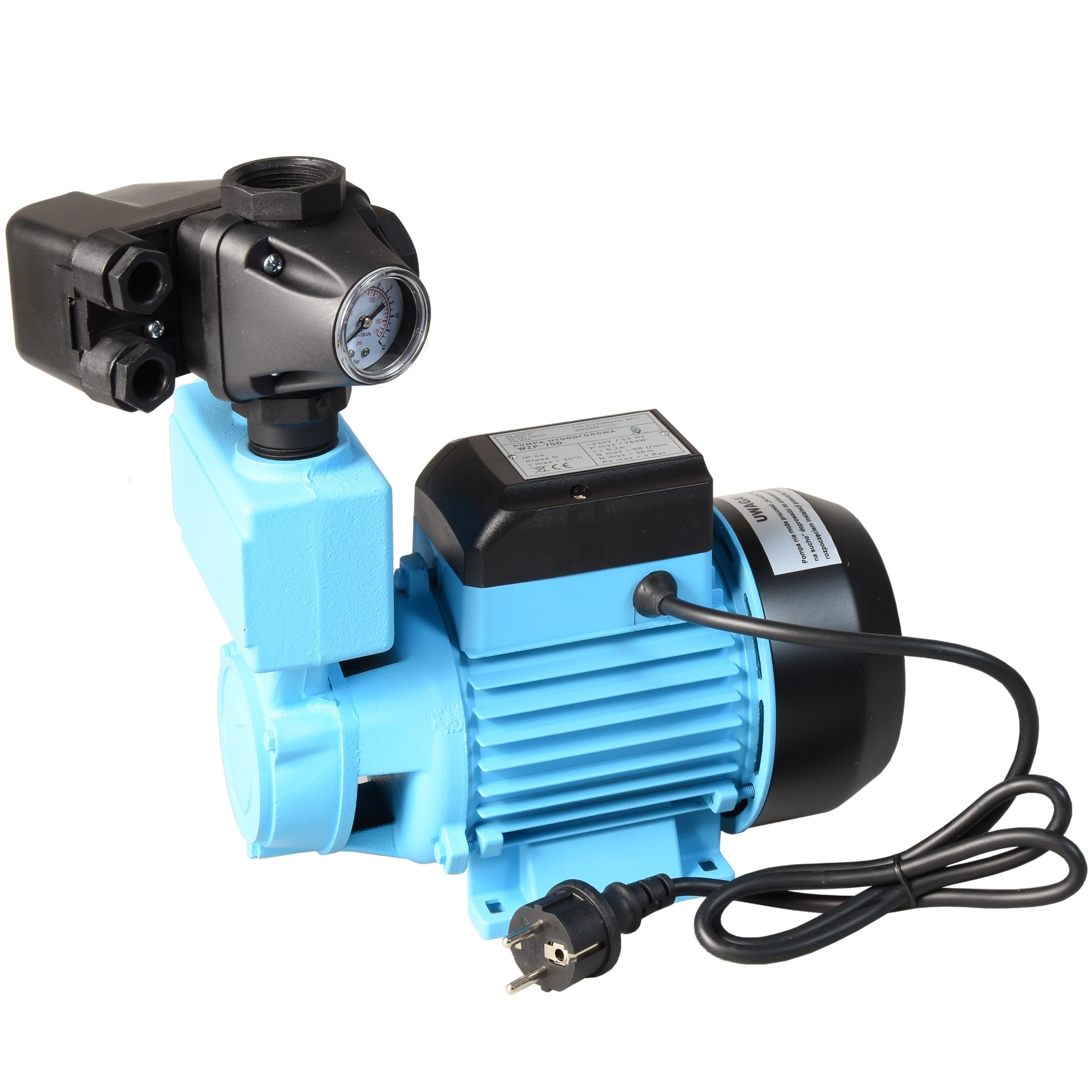 Wasserpumpe WZP 750 mit Moderne Druckschalter zum Tank - Gartenpumpe (750W 3000l/h Förderhöhe 55m) - Gußeisen - Pumpensteuerung Druckwächter - Hauswasserwerk - für Brauchwasserversorgung Bewässerung