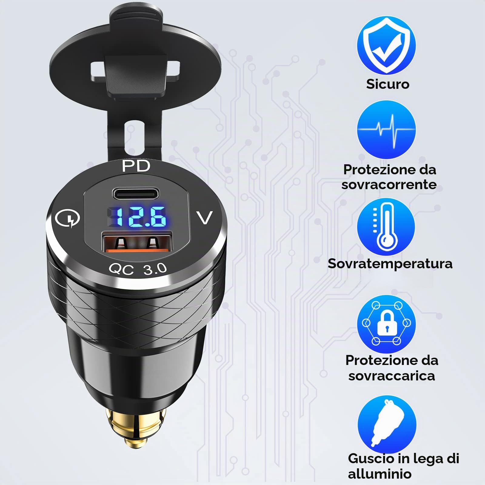 Qidoe Presa DIN a USB C per Moto BMW: Metallo Doppio USB Adattatore Prese Din Accendisigari con Display Voltmetro Ricarica Rapida per 12-24 Volt Motocicli Europei Ducati/Triumph/BMW