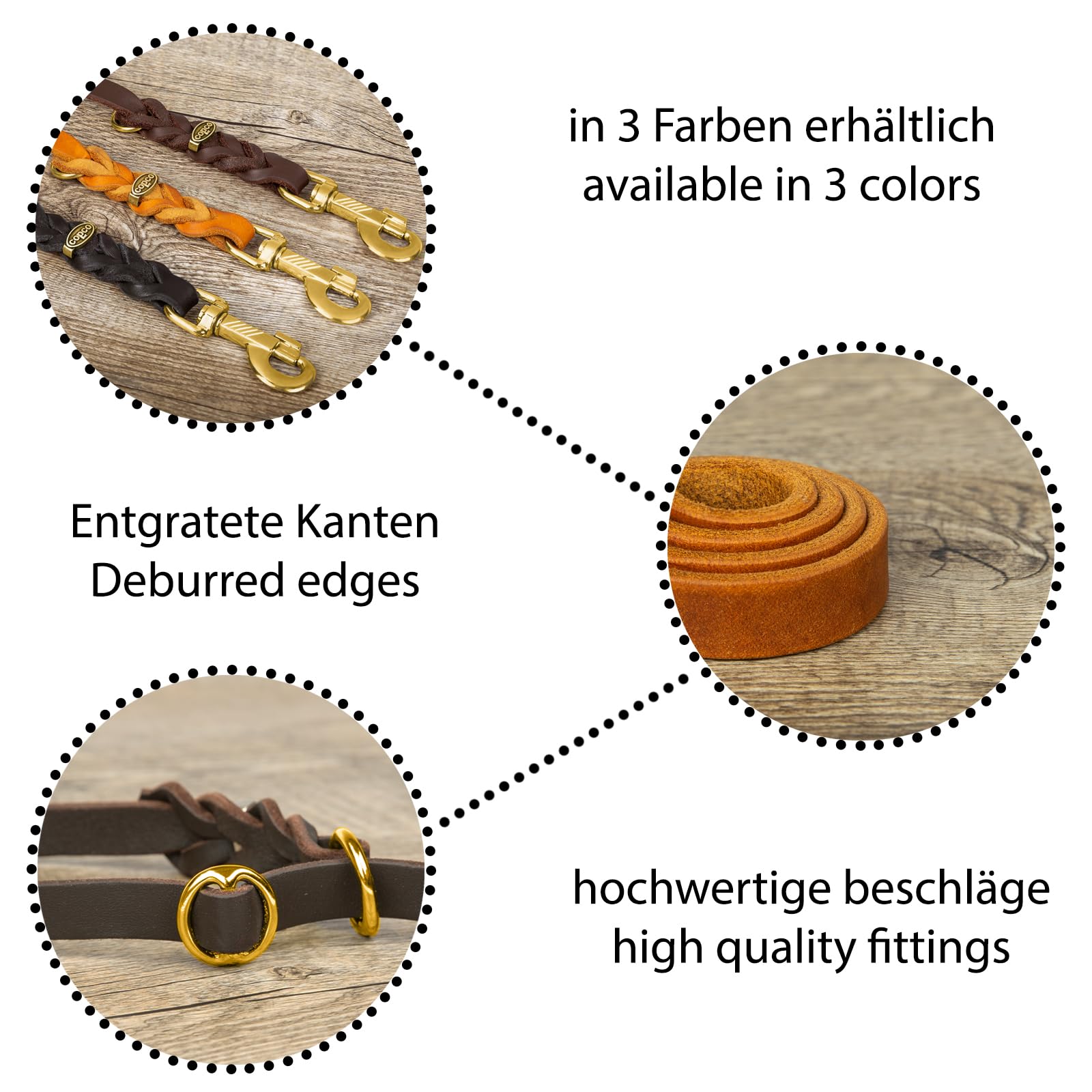 CopcoPet Retrieverleine mit Zugstopp für kleine Hunde – 1,20m x 10mm Moxonleine in Cognac – Fettlederleine & Agilityleine aus Leder – stufenlos verstellbar, Handarbeit, Messing, wetterfest