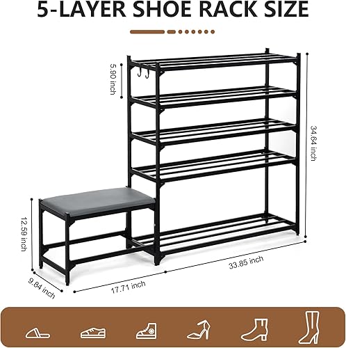 Miniatura 3 de AOHMPT Zapatero de 5 niveles con banco, estantes organizadores de zapatos que ahorran espacio, estante de zapatos con marco de metal negro con