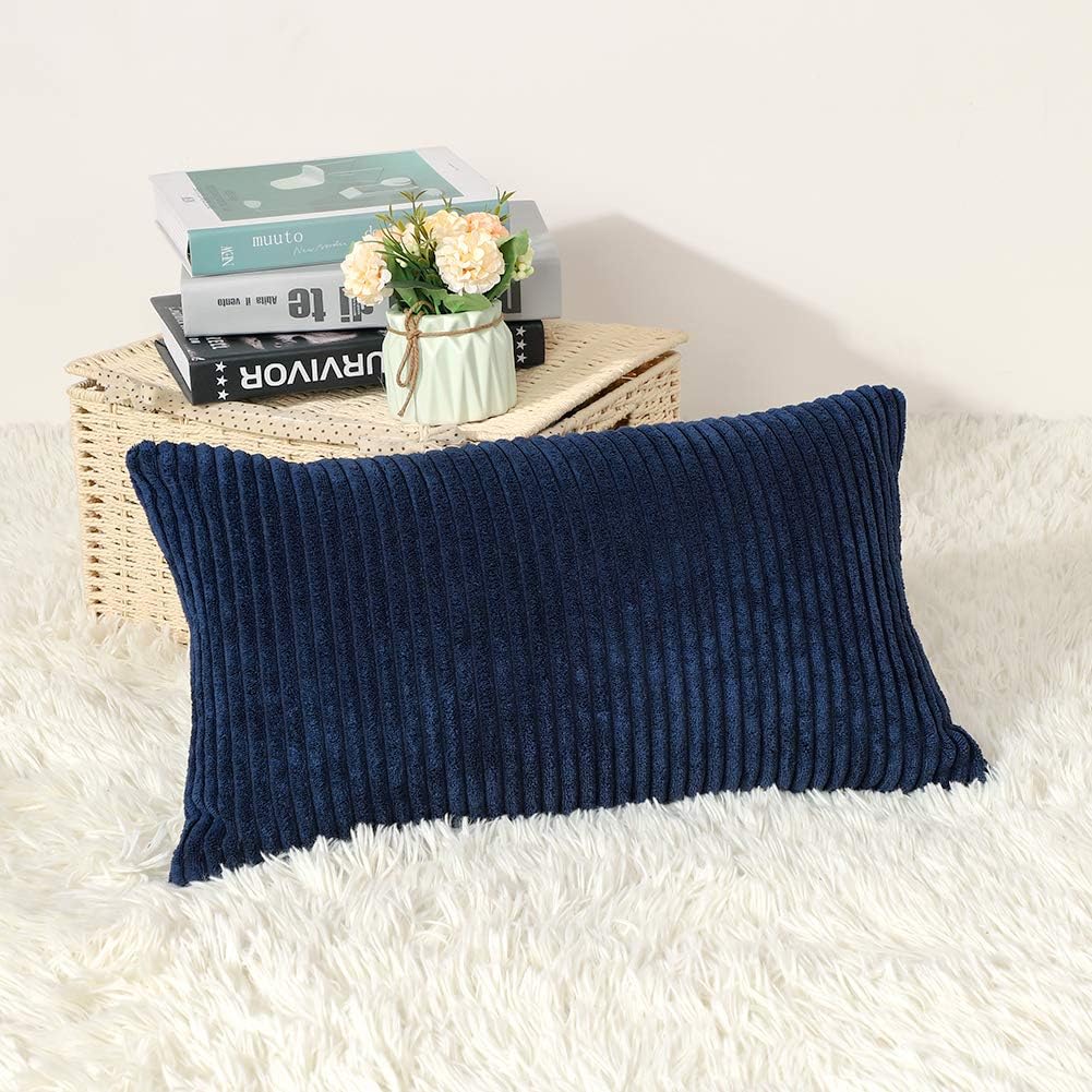 Artscope Cozy Striped Corduroy Pillow Covers Super Soft Decorative Square Throw Pillow Covers Case Cushion Covers for Sofa Couch Bedroom Car Decor 16 x 24 Inches, Navy Blue