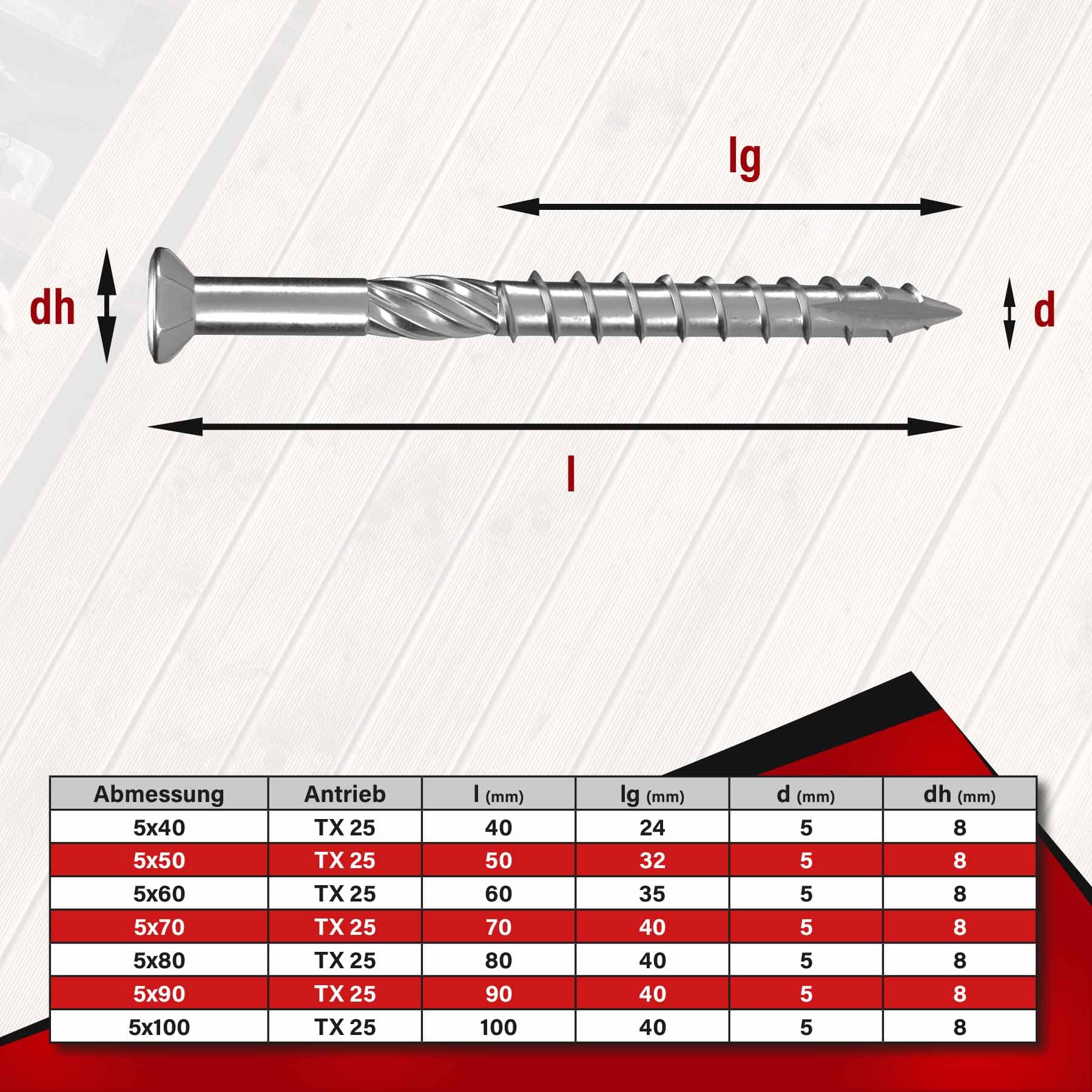 SCREW REBEL Terrassenschrauben 5 x 60 T-INOX 500 Stück Edelstahl gehärtet C1, Torx 25, inkl. Edelstahl Bit