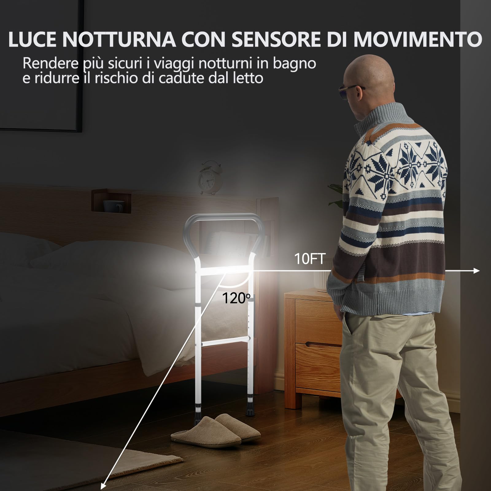 Sponda Letto Anziani Con Sensore Di Movimento Luce Notturna E Custodia Portaoggetti Sponde Letto Anziani Maniglia Per Barra Di Assistenza Anti-Caduta