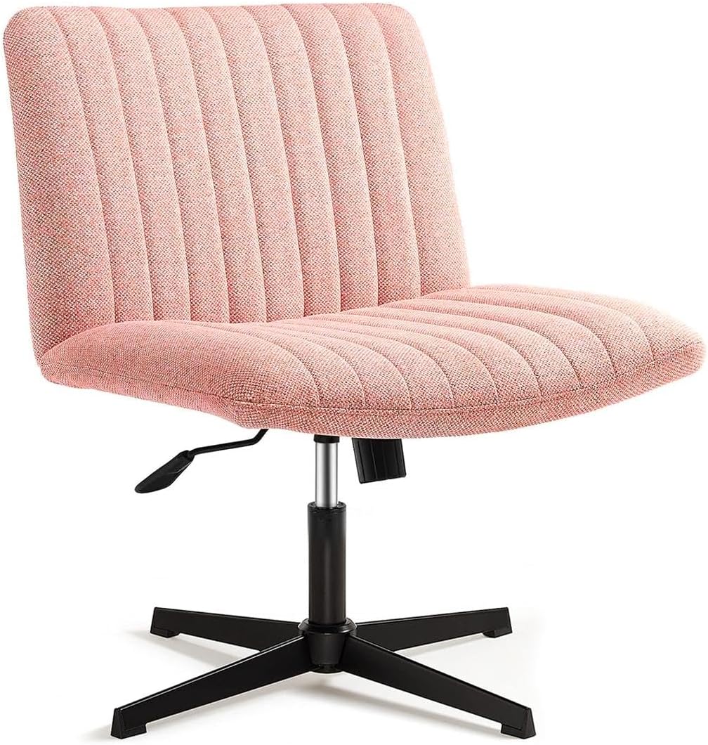 Armless Desk Chair, Criss Cross Chair No Wheels, Fabric Padded Desk Chair, Modern Swivel Height Adjustable Office Chair with Wide Seat for Home, Office, Make Up - Fabric Pink