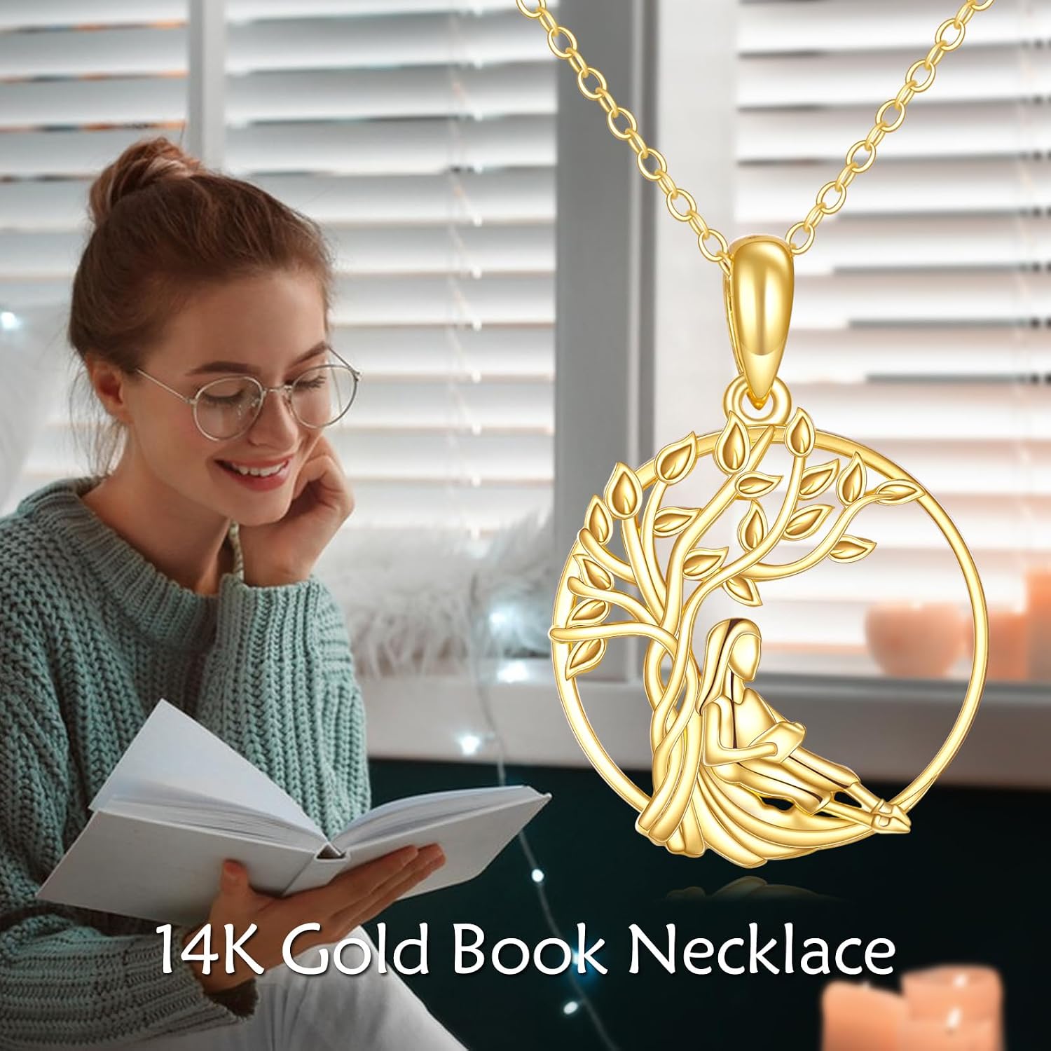 KECHO 14K Gold Reading Lover Gift Book Necklace Tree of Life Reading Jewelry Graduation Gift