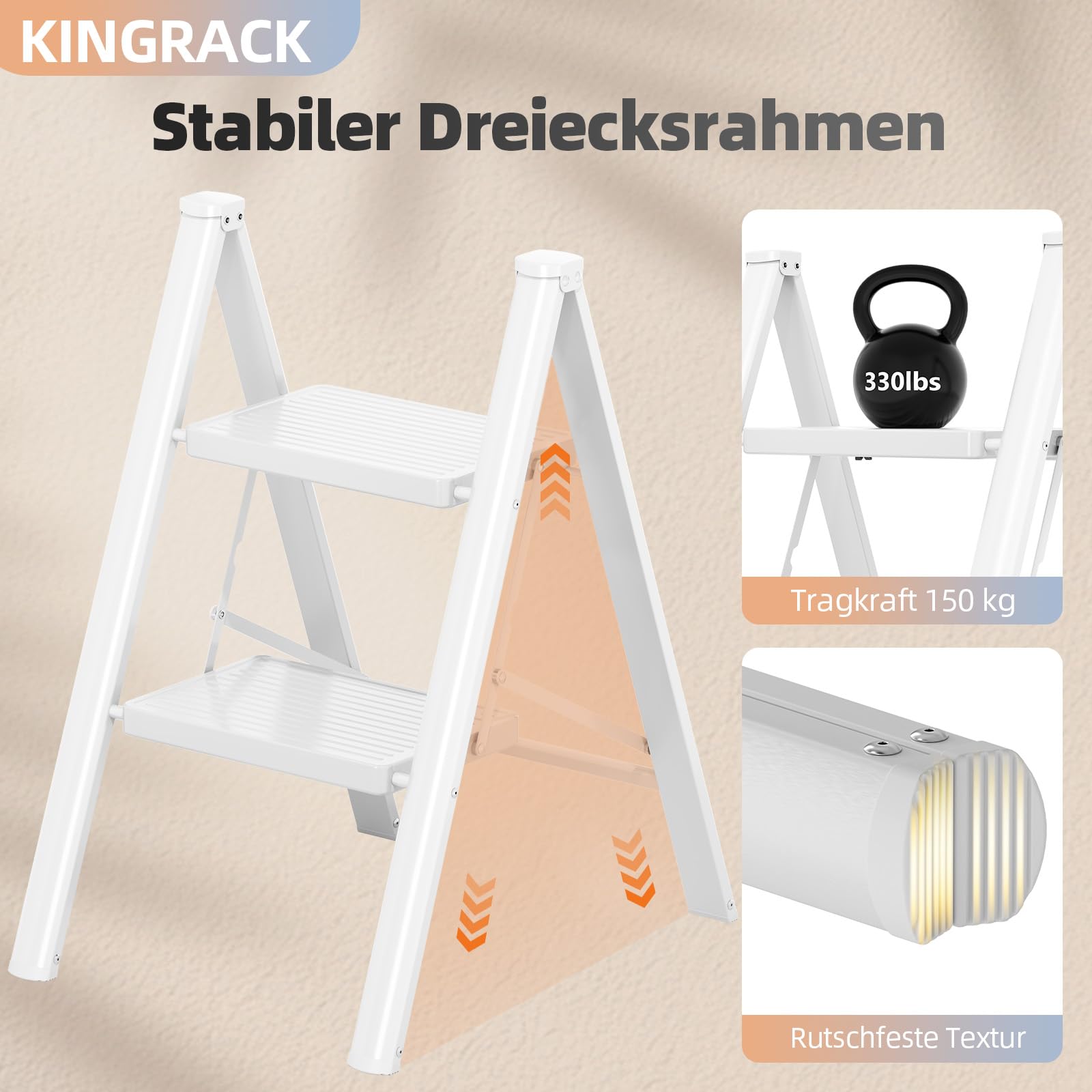 KINGRACK Trittleiter 2 Stufen Klappbar, Tritthocker Leicht Platzsparend