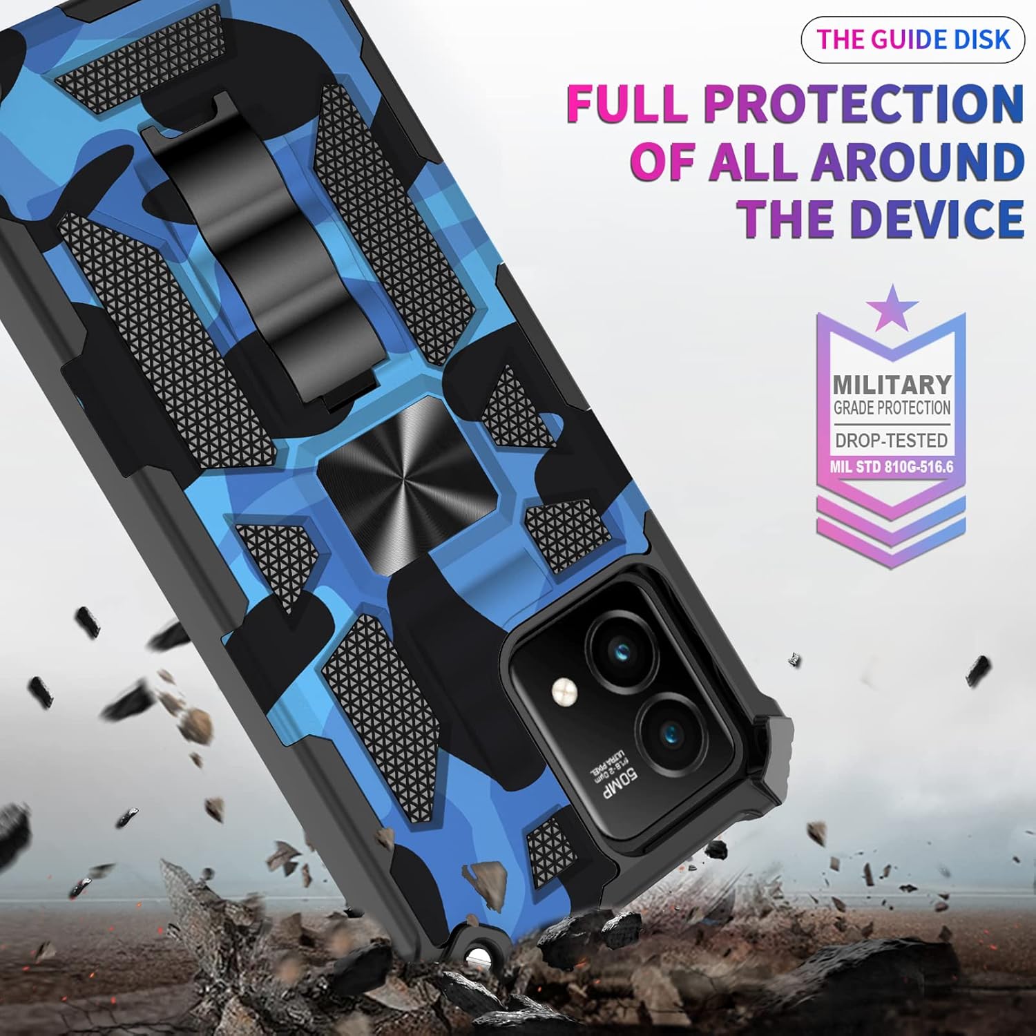Military Grade Shockproof Phone Case for Moto G Stylus 5G 2023 with Screen Protector, Camo Design, Ring Holster, and Belt Clip (Blue)