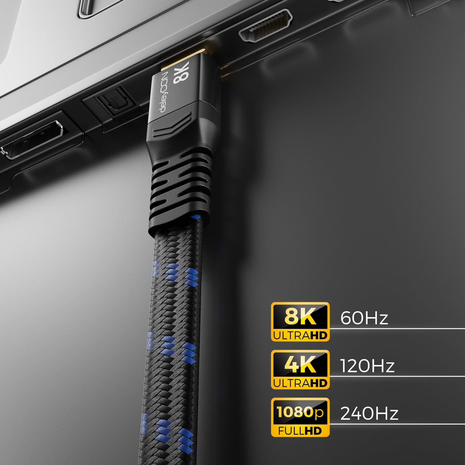 deleyCON 2m Câble HDMI 2.1 8K Plat - pour TV, Moniteur, PS4, PS5, Xbox, Barre de son Dolby Atmos EARC, HDR10+ VRR - 48Gbps Câble Ultra High Speed - 10K/8K@60Hz, 4K@120Hz/144Hz, 2K@240Hz