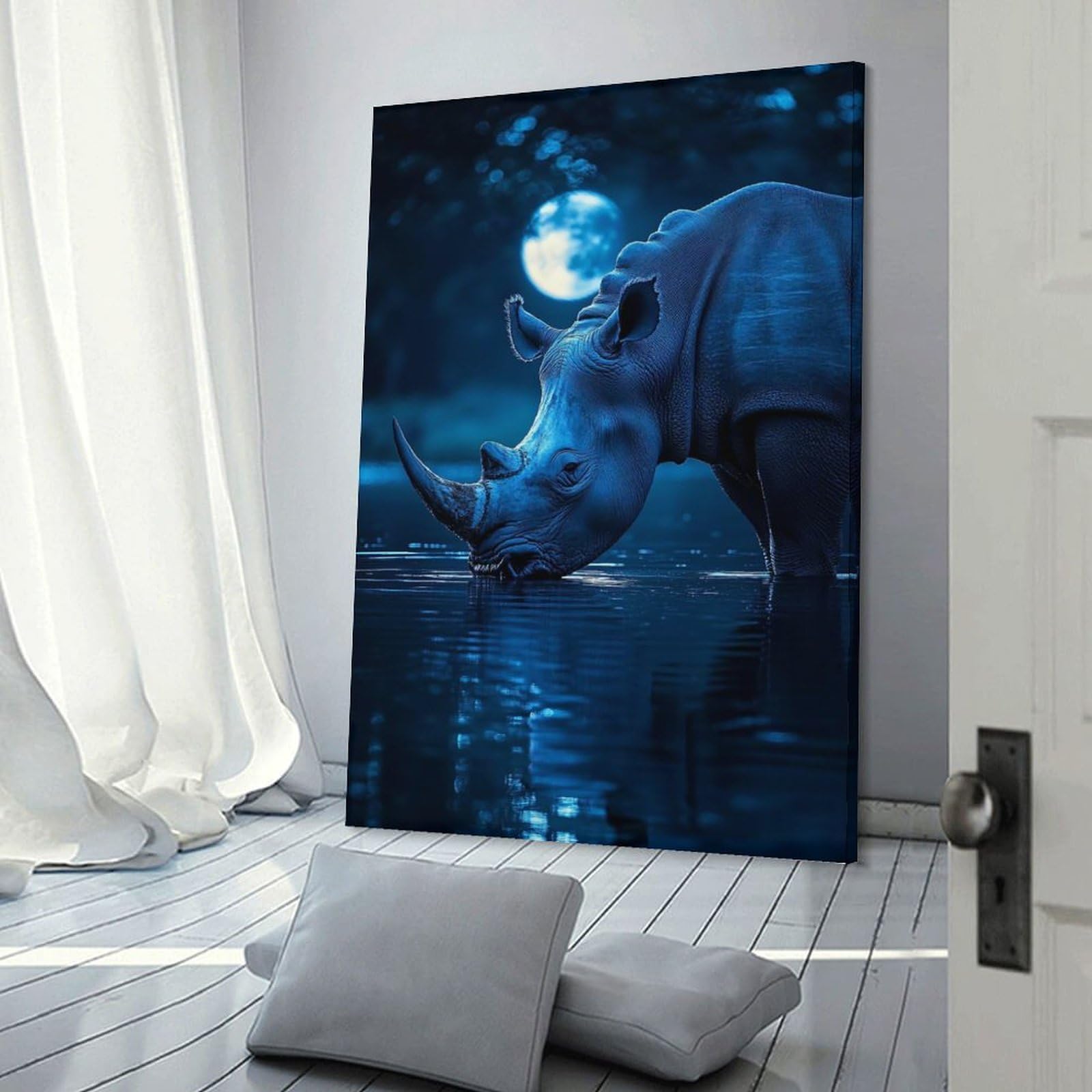 Junmoney Wall Decor Canvas Print Blue Rhino Drinking Under Moonlight, 08x12inch(20x30cm), for Bedroom Walls, Guest Spaces Or Lounges, An Easy Wall Refresh for Bedrooms