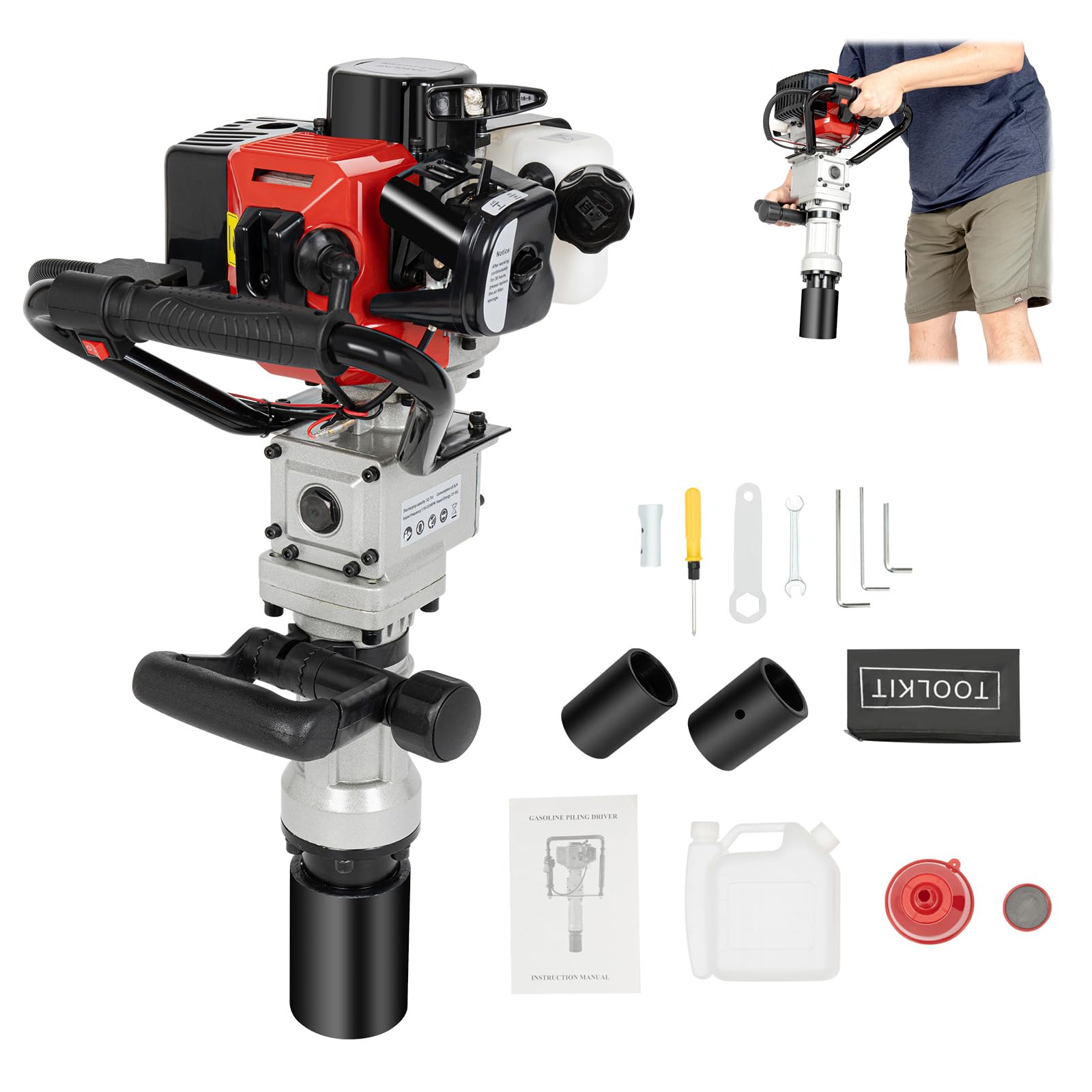 Gasolina 32.7CC 2 tiempos motor pilotes, 900 W | Con casquillos de 55 mm/70 mm, 20-45 J de energía de impacto, adecuado para la construcción de vallas de construcción