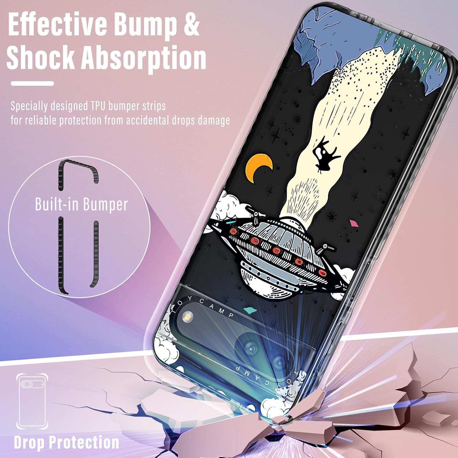 Toycamp for Pixel 6A Case -with Ring Holder Cute Cool UFO Ship Cartoon Print Design Cover for Women Girls Boys Teens Fun Funny Creative Shockproof Protective Phone Cases for Google Pixel 6A 6.1" Black image 5