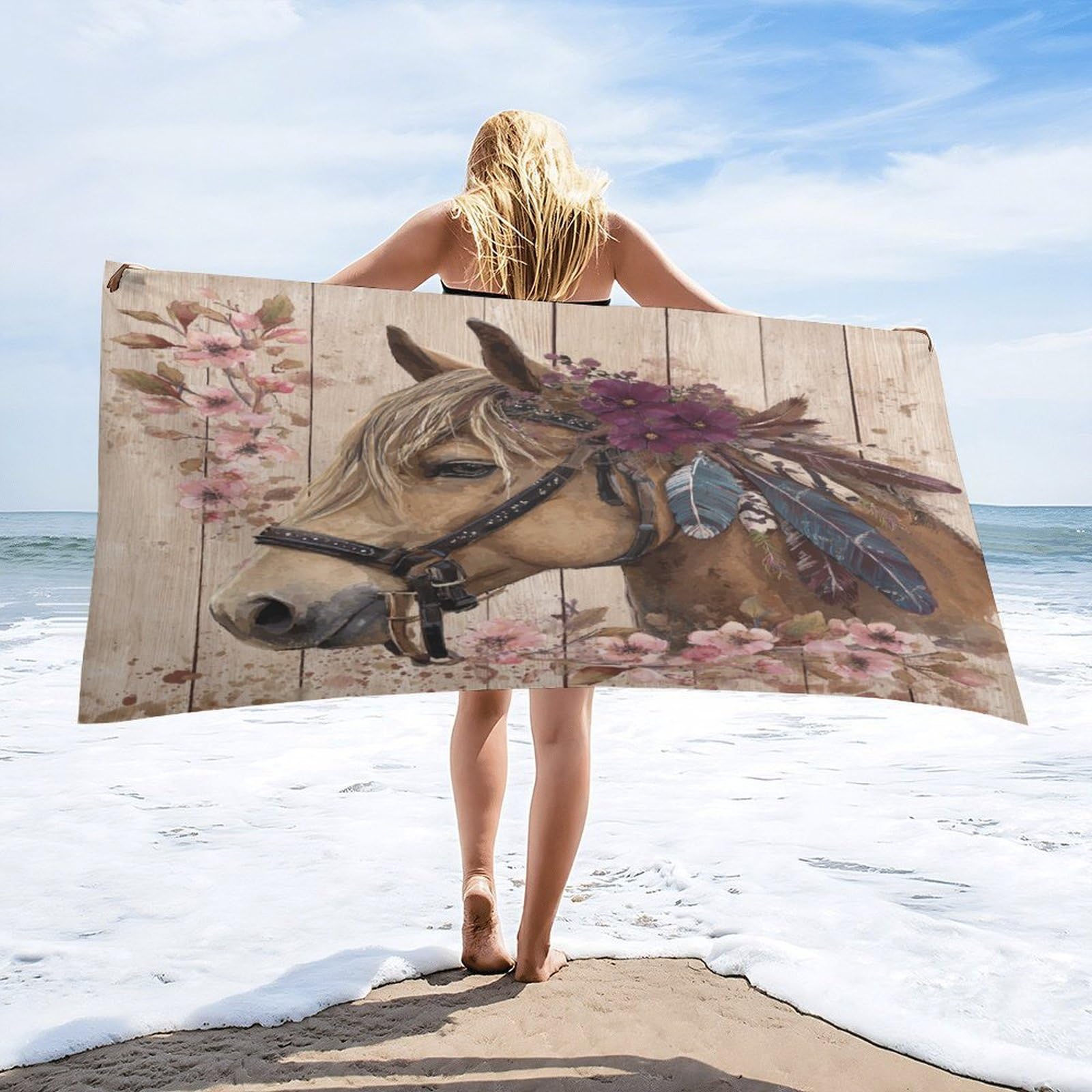 Luyysky Retro Western Wildlife Horse Quick-Drying Beach Towel, Realistic Watercolor Cowboy Theme Wooden Board Animal Horse Floral Travel Vacation Single Sided Pile Bathroom Towels-80 W Cm X 160" L Cm